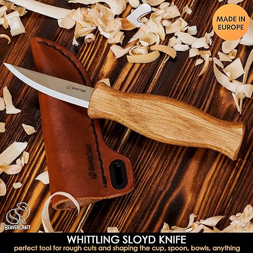 Miniatura 2 de BeaverCraft Sloyd Knife C4s - Cuchillo para tallar madera de 3.14 pulgadas con funda de cuero, cuchillo de cincel para tallador de madera, cuchillo