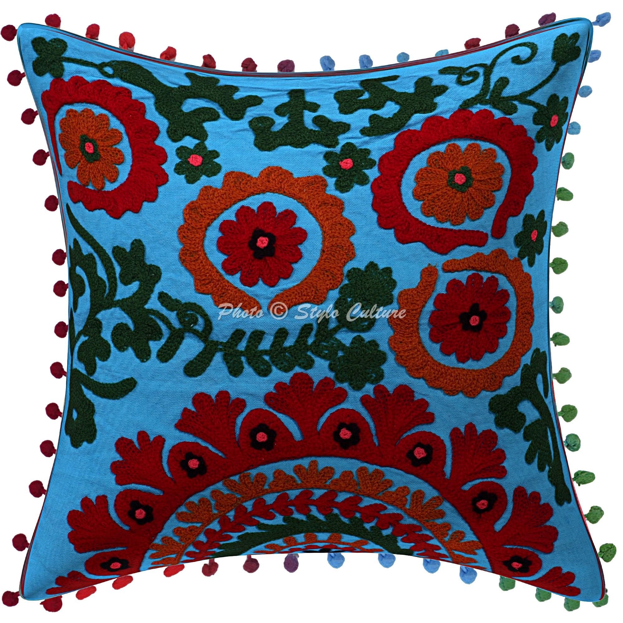 Ethnisch Dekorativ Baumwolle Couch Kissenbezüge 40x40 cm Türkis Dekokissen Suzani Bestickte Pom-Pom-Spitze Schlafzimmer Sofa Kissen Bezüge Blumen Quadrat Kissenhullen - 4 STK.