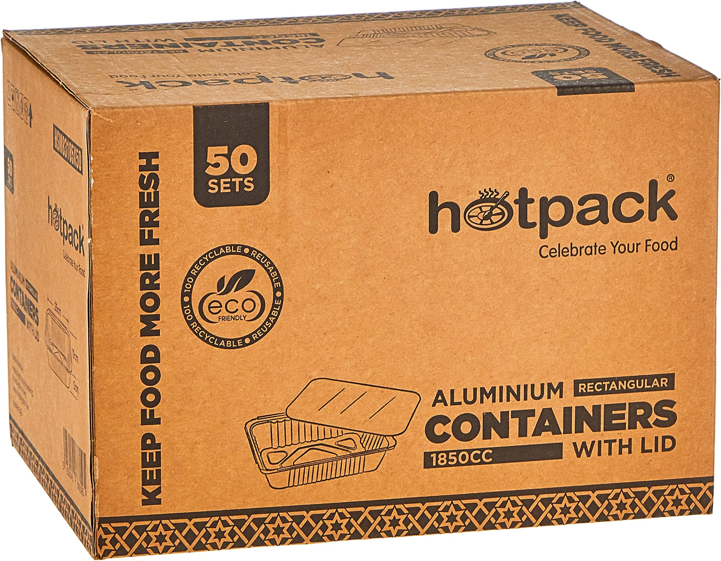 Hotpack Disposable Food Storage, Take away Aluminium Rectangle Food Container Silver 1850ml with Lid 50 Pieces