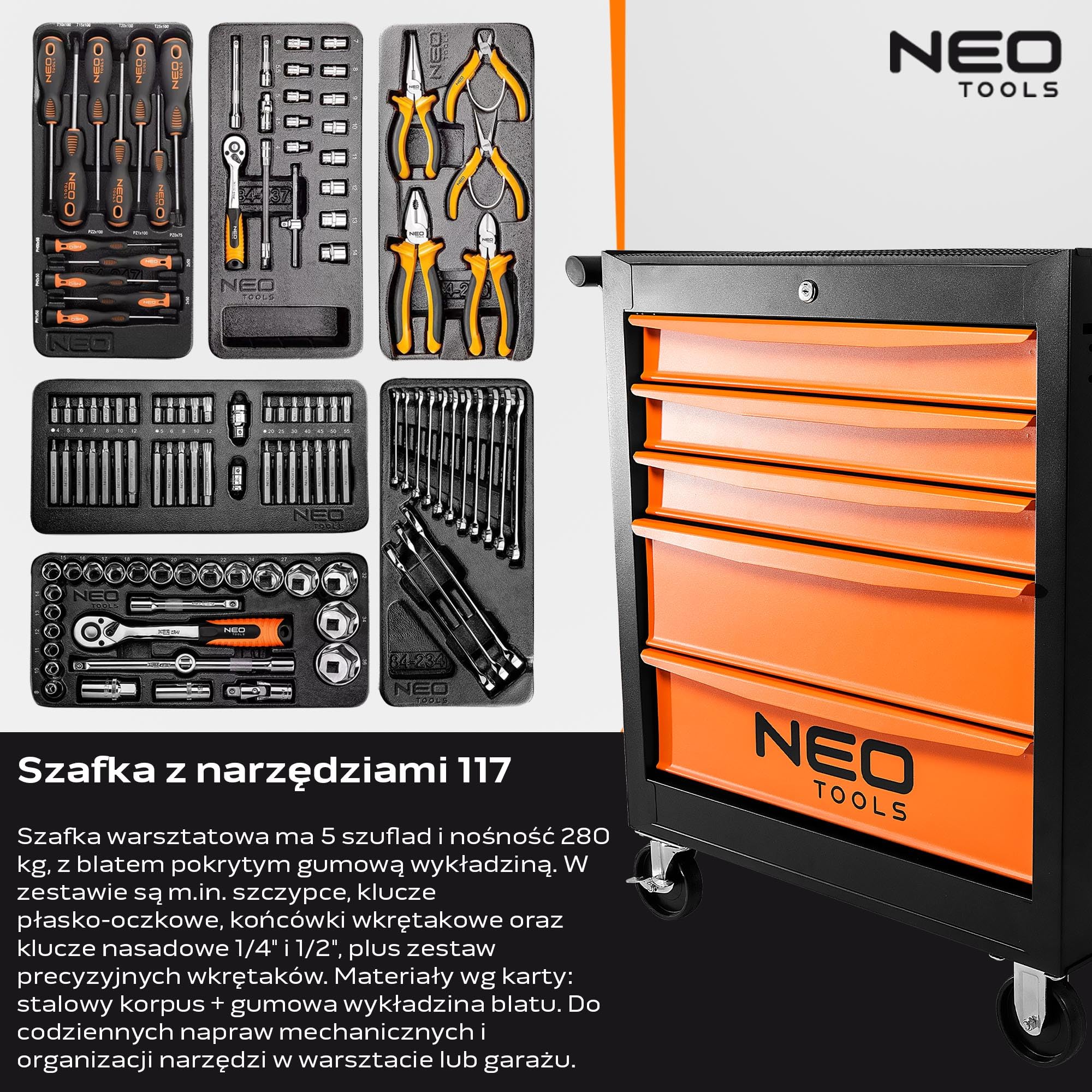 NEO TOOLS Wózek warsztatowy wypełniony narzędziami, 117-częściowy | 5 półek – szuflady z łożyskiem kulkowym – centralnie zamykany – mata antypoślizgowa – kółka obrotowe – hamulec postojowy – wózek