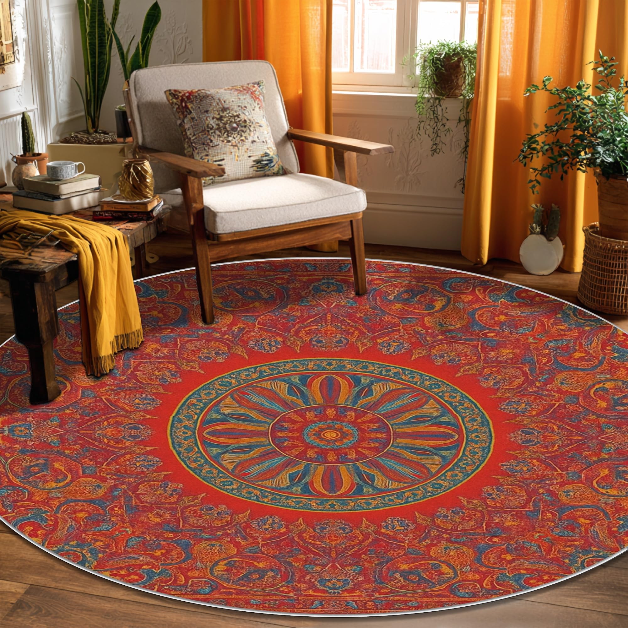 Tapis floral bohème artistique mandala géométrique sans rouge à poils courts pour salon, chambre à coucher, décoration de salle à manger, 1,8 x 1,8 m