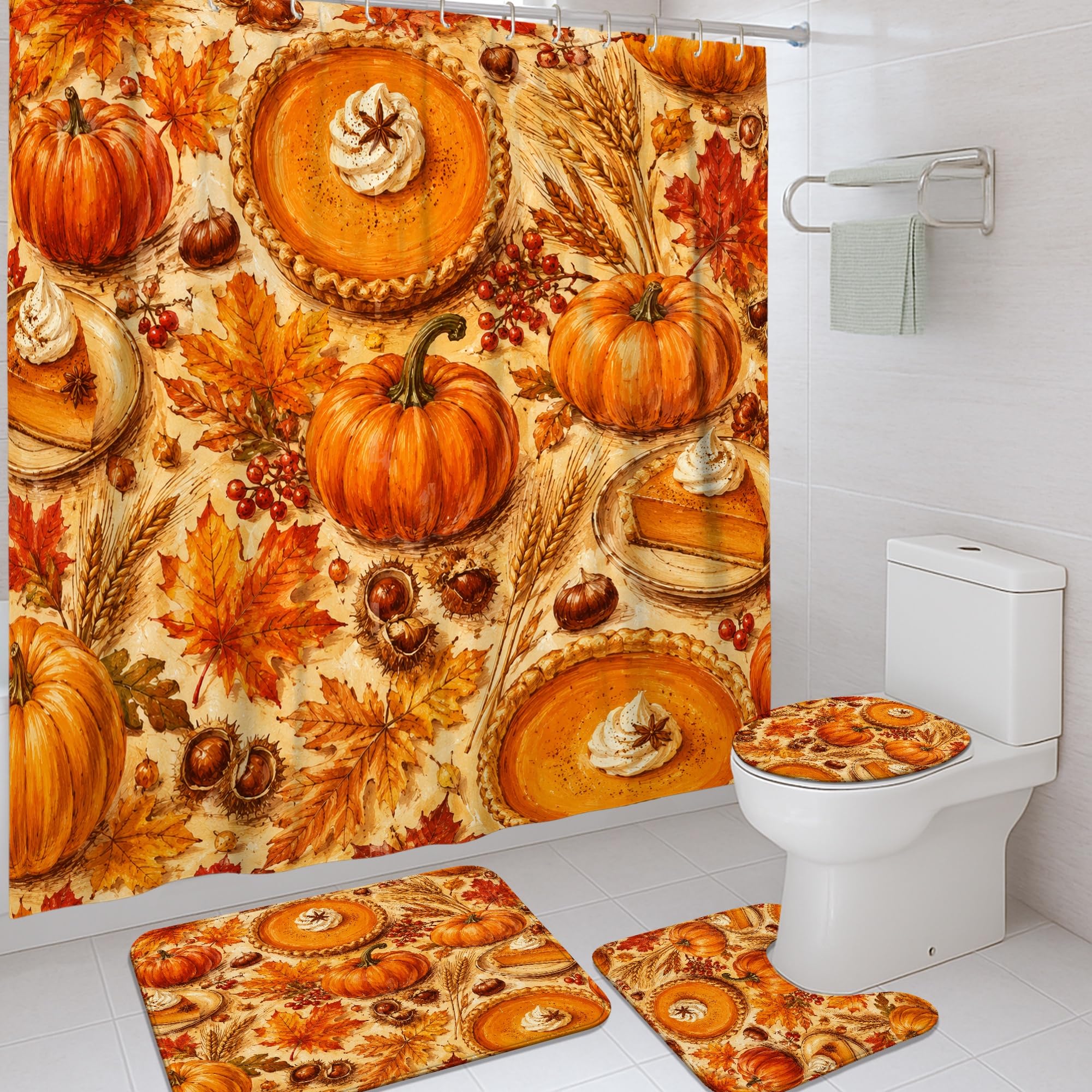 Rideaux de douche citrouilles anti-moisissure et tapis absorbant pour salle de bain saine