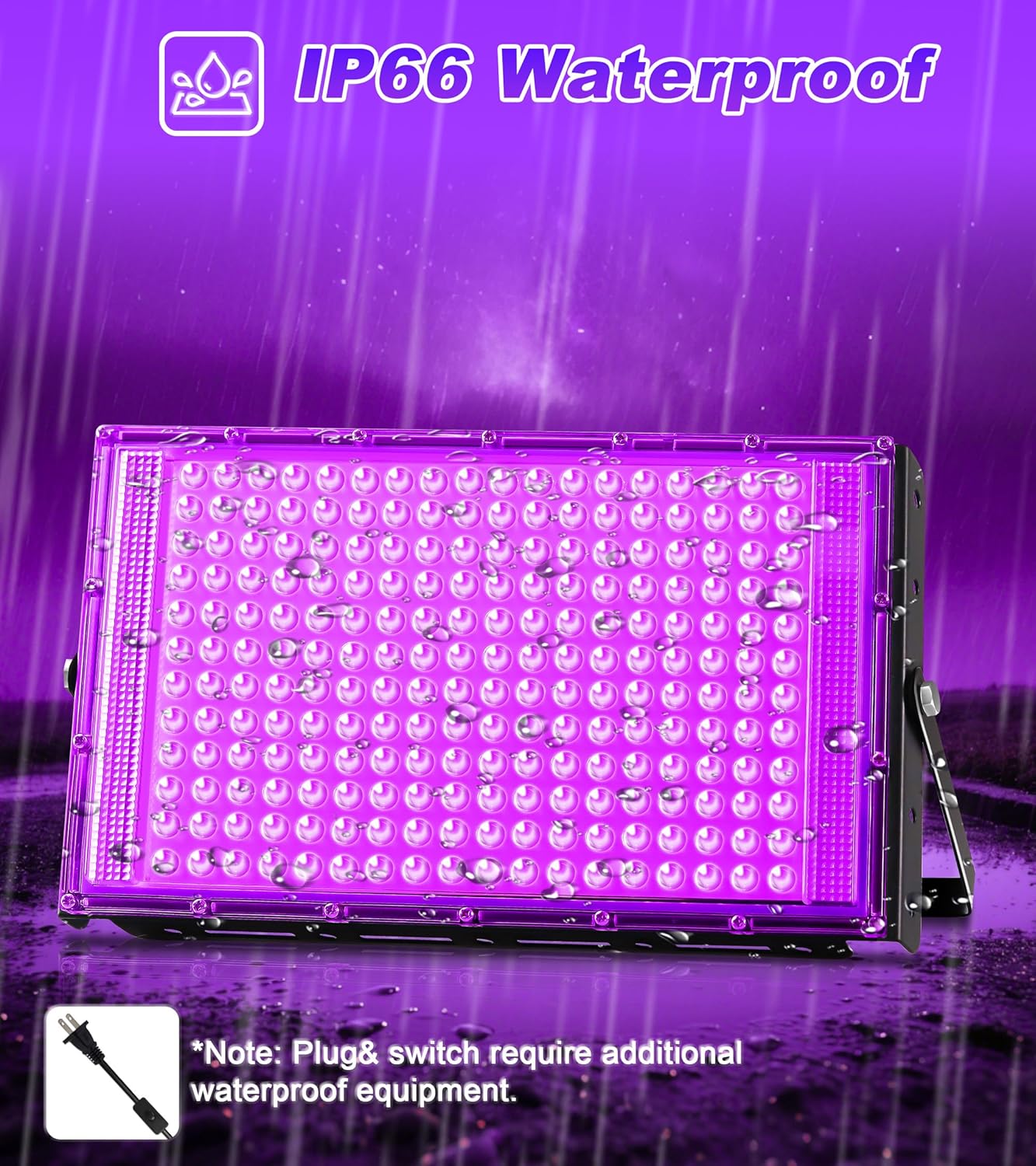 TigQiang 200W LED Black Light, IP66 Blacklight Lamp Flood Light with Swith & Plug, Small Outdoor Blacklight Floodlight for Halloween, Glow Party, Fluorescent Poster, Display, Body Paint, Stage, 2 Pack