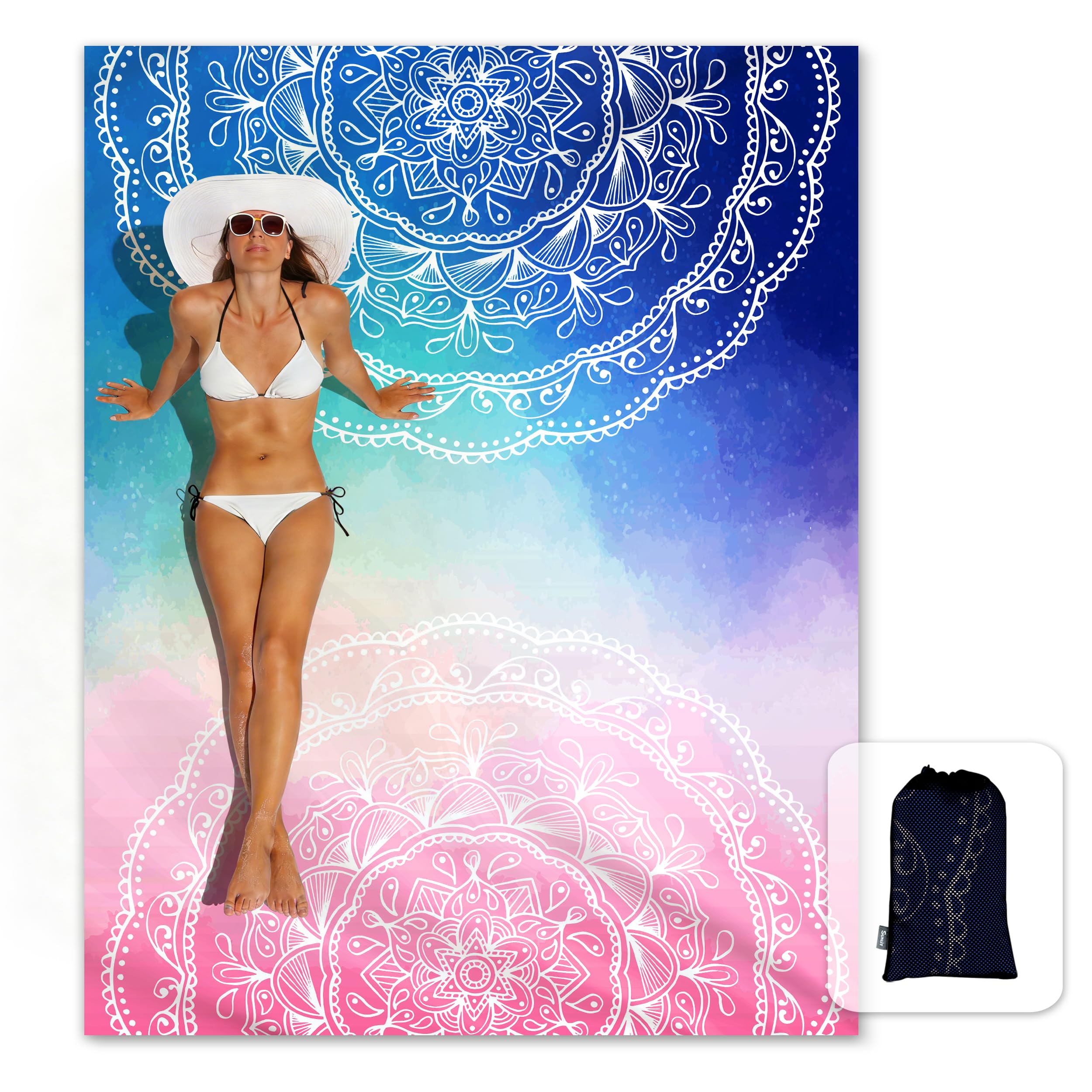 Sunlit Couverture de plage bohème de 215,9 x 182,9 cm, tapis anti-sable avec poches d'angle et sac en maille pour fête de plage, voyages, camping et festival de musique en plein air