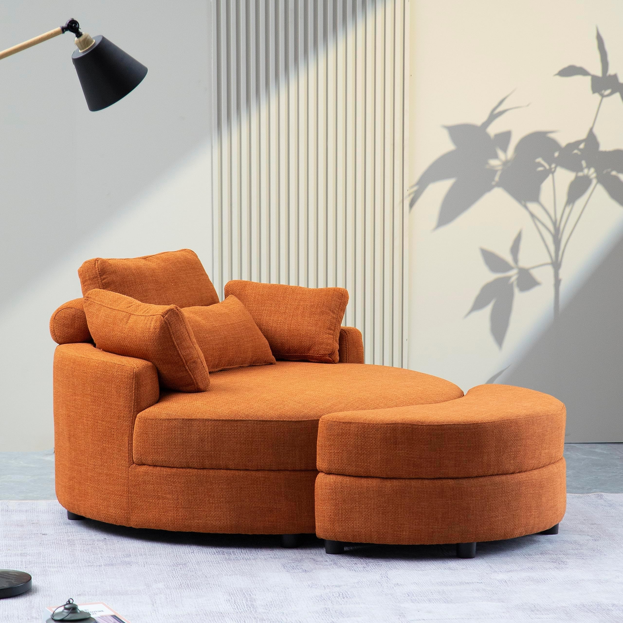 51.2" W Oversized Accent Barrel Chair W/Adjustable Headrest, Storage Ottoman and 4 Pillows, Linen Upholstery Armchair Leisure Club Cozy Round Chair for Home Apartment Hotel Living Room