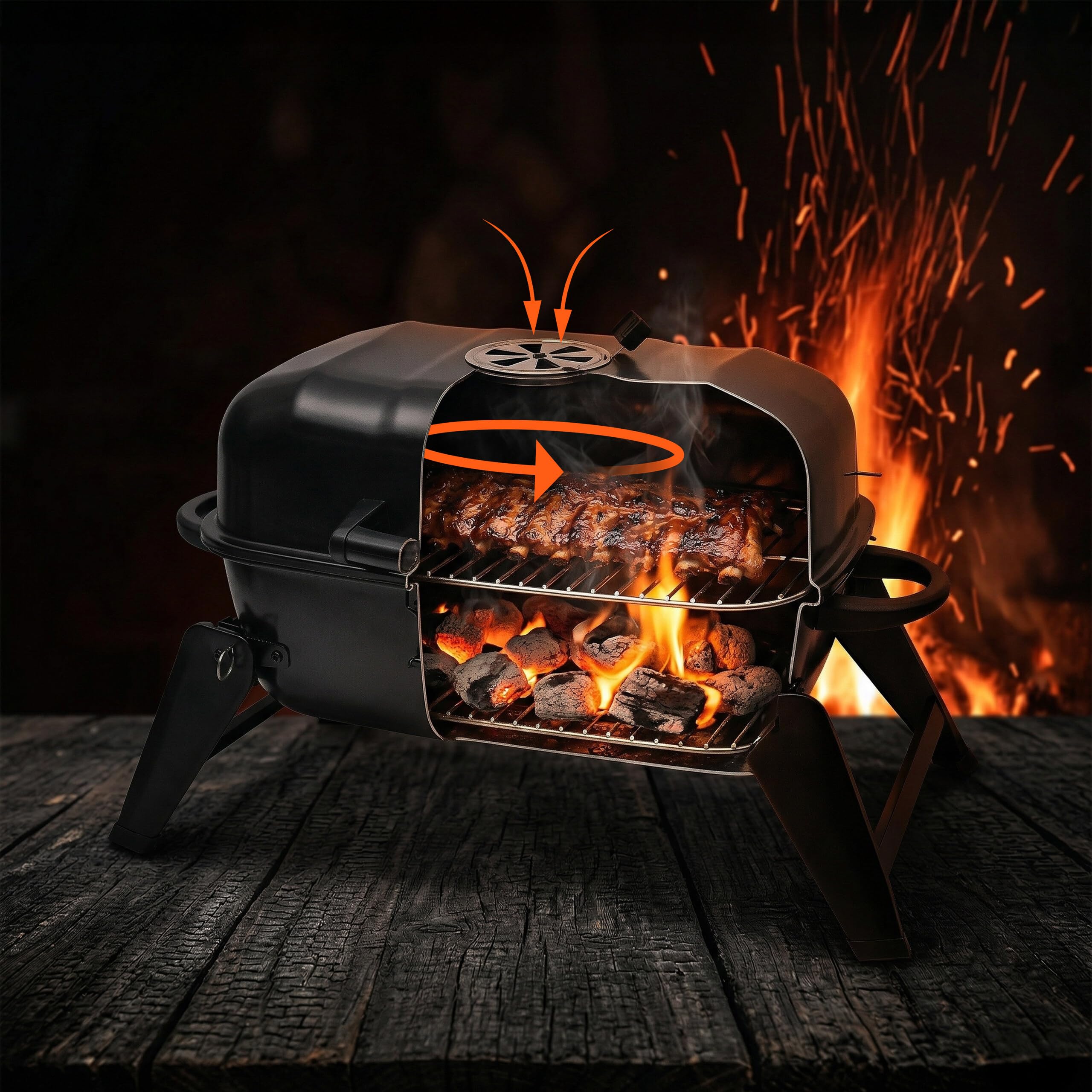 Relaxdays griglia tavolo pieghevole portatile 34x59x36 cm, acciaio nero | Scaldavivande, ventilazione, barbecue carbone