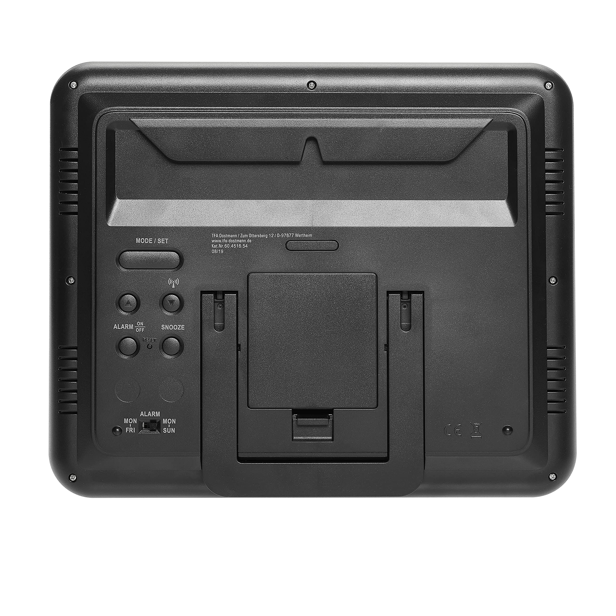 TFA Dostmann Orologio digitale radiocontrollato, 60.4516.54, con clima ambiente, giorno della settimana scritto (10 lingue), 2 funzioni di sveglia, come orologio da tavolo o da appendere, argento