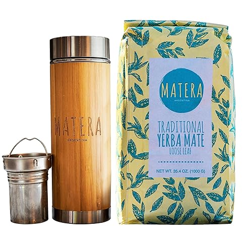 Matera Yerba Mate, Comercio Directo, Kit de iniciación, Termo con infusor y hoja suelta argentina tradicional Yerba Mate, 2.2 lbs