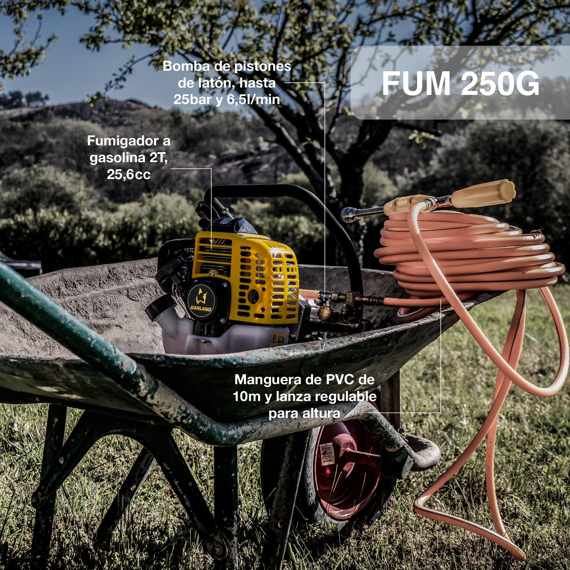 Garland FUM 250 G-V19 – Fumigador a Gasolina 25,6 CC y 1 CV, Bomba de latón, sin depósito, Lanza Doble Extensible, 25 Bar, 6,5 l/min, Manguera 10 m, Ideal para Grandes Superficies