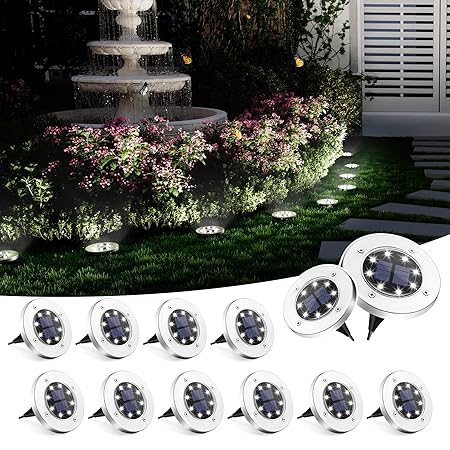 Solpex 12 Pack Solar Ground Lights, 8 LED Solar Powered Disk Lights Outdoor Waterproof Garden Landscape Lighting for Yard Deck Lawn Patio Pathway Walkway (White)