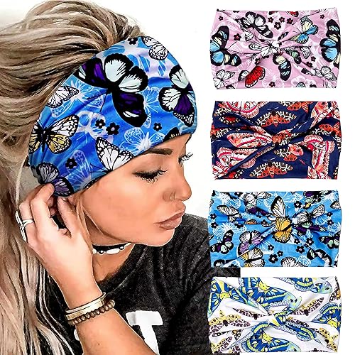 SAWINDA Diademas anchas para mujer, coloridas mariposas, elegantes, bohemias, gruesas, para deportes, yoga, turbante, bufanda, accesorios para