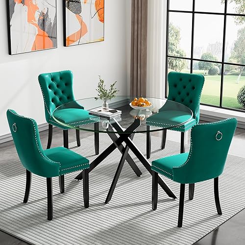 Miniatura 89 de Juego de mesa de comedor de cristal dorado moderno de 51 pulgadas para 4, juego de mesa de comedor rectangular de 5 piezas con patas cruzadas