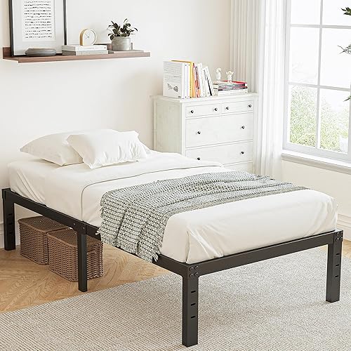 Miniatura 2 de Breezehome Marco de cama de metal individual de 18 pulgadas con listones de madera resistentes, no necesita somier, plataforma duradera y