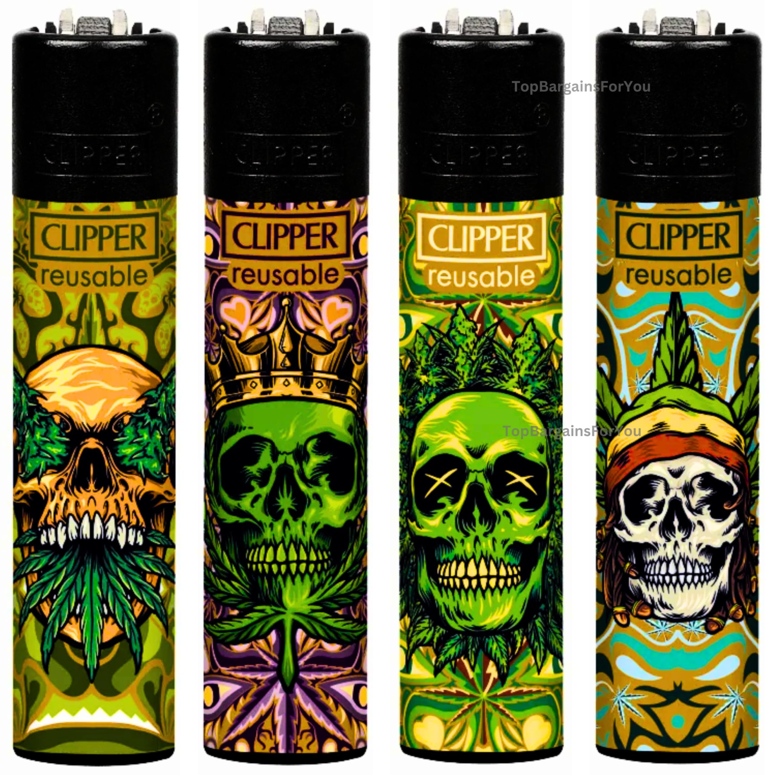 Zactly - 4 x Clipper Lighter Set Gas Refillable Windproof Lighters Standarad Size Replaceable Flint Rare Limited Edition (WD Skulls)