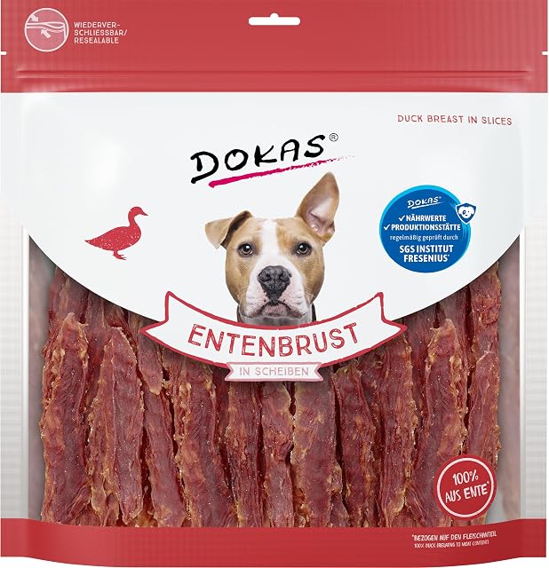 DOKAS Pechuga de Pato en rodajas - Snack Premium sin Cereales para Perros - Filete de pechuga de Pato