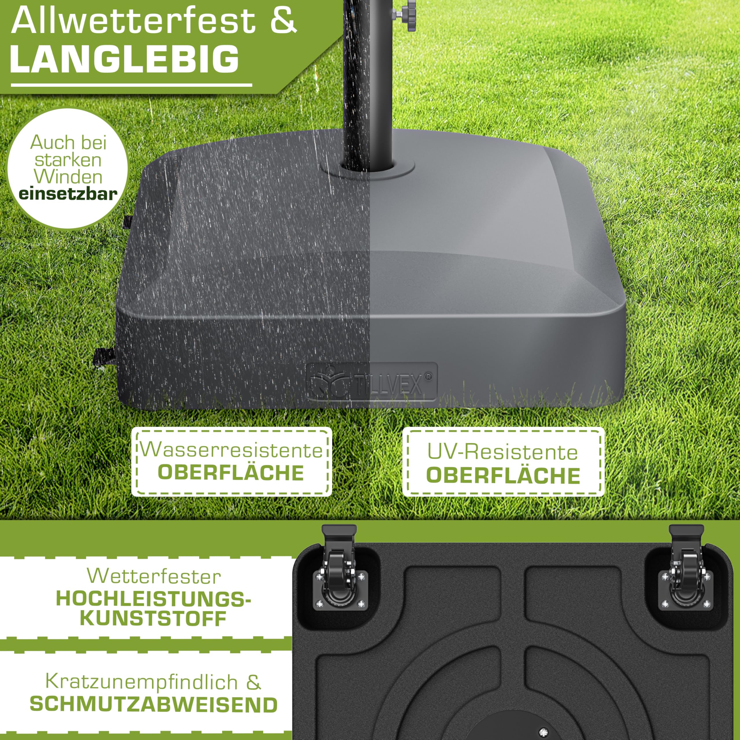 tillvex® Sonnenschirmständer PAVERA mit Rollen & Bremsen | Schirmständer befüllbar 37 Liter/56 kg | Schirmgewicht Sonnenschirm & Marktschirm Ø1,8-3,7m | Rollbar, wetterfest & UV-beständig (Anthrazit)