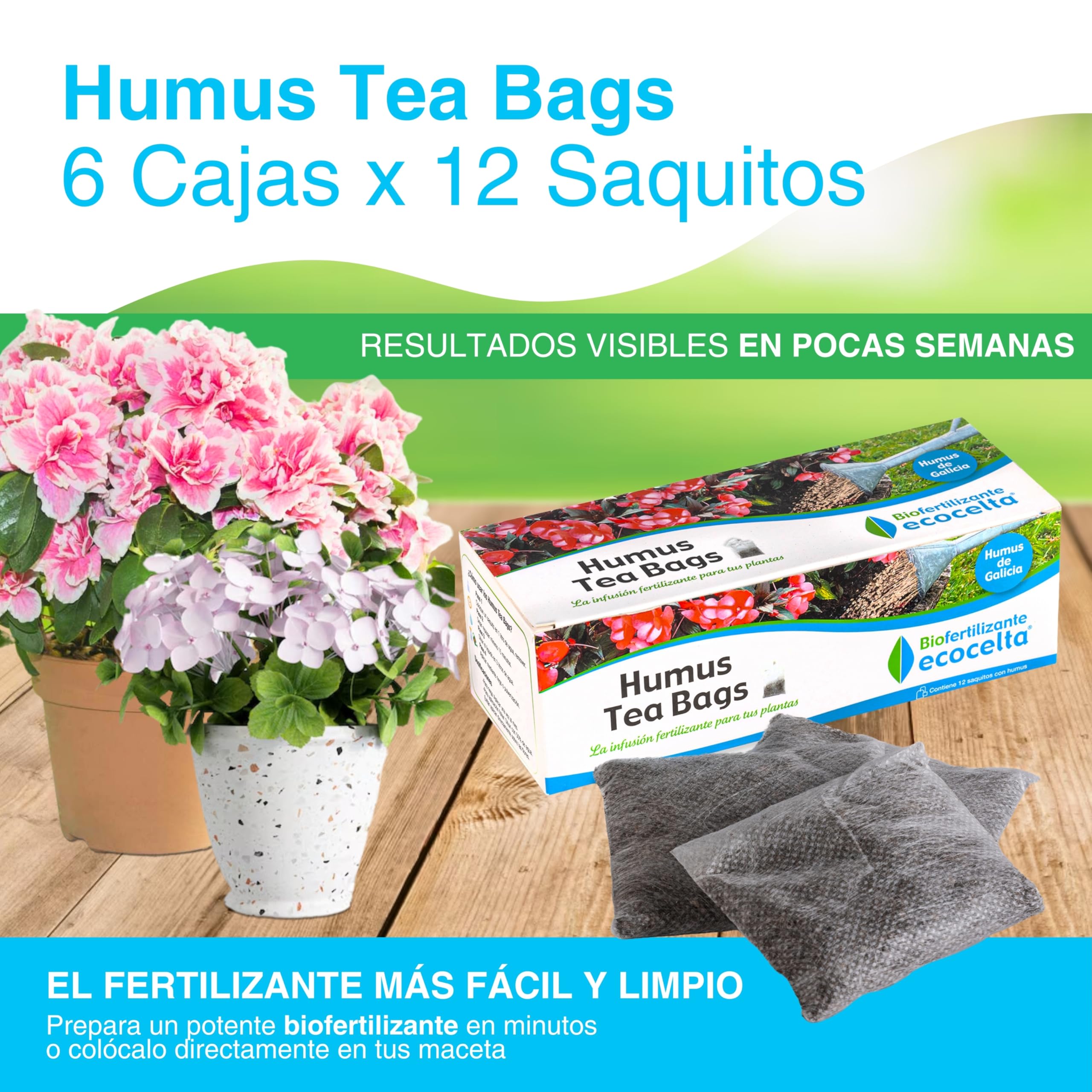 ECOCELTA | Humus Tea Bags Pack X 6 Cajas (72 Saquitos) | Abono Ecológico para Plantas en Maceta | Infusión Fertilizante Natural y Uso Directo | Riego y Pulverización | Sin Olores 100% Biodegradable