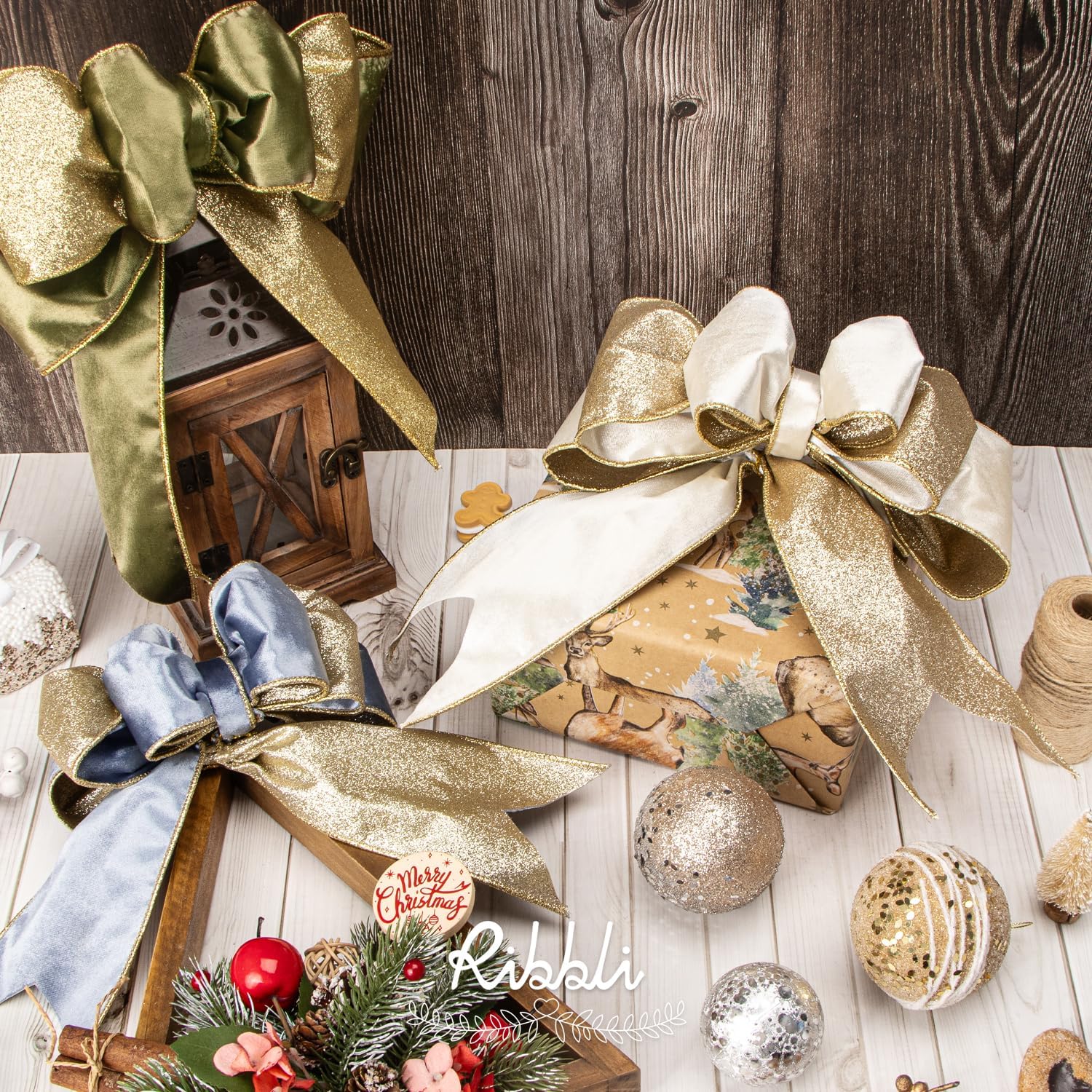 Ribbli Dusty Blue Velvet Ribbon Wired 4 Inch Glossy Velvet with Champagne Glitter Christmas Ribbon for Tree Decoration Big Bow Gift Wrapping Crafts Wreaths Supplies - Continuous 10 Yards