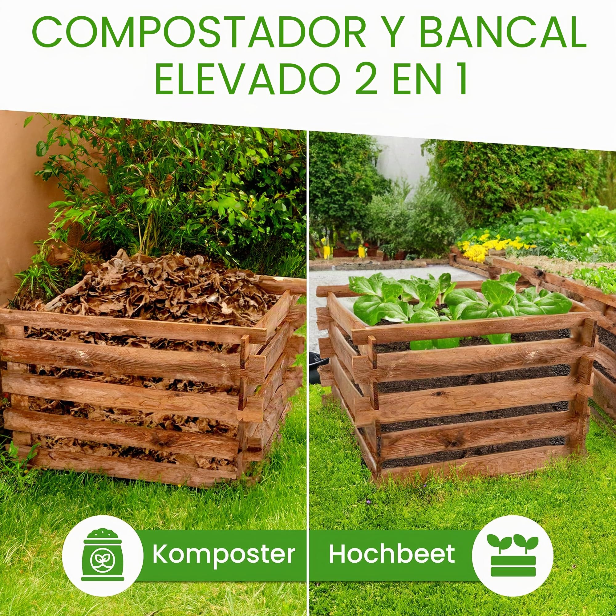 Compostador de madera de Gartenwelt Riegelsberger, 90 x 90 x 70 cm de pino marrón impregnado a presión con sistema de ranuras de madera