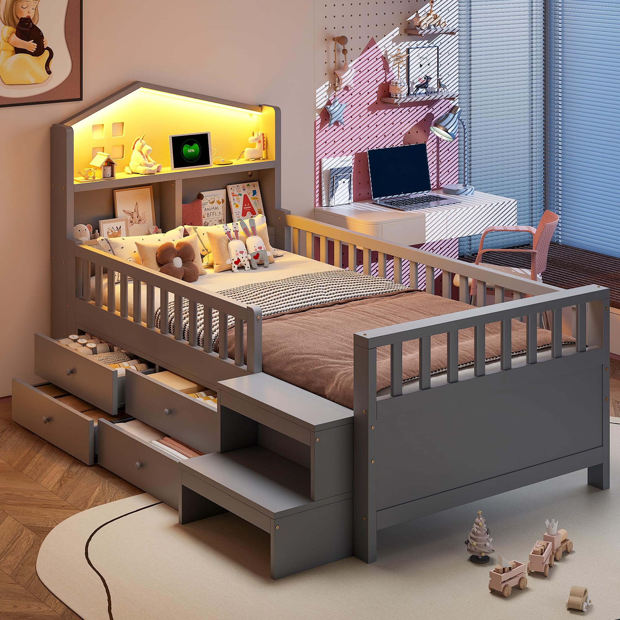 Solución de orden y seguridad: Cama infantil de 90x200 cm gris