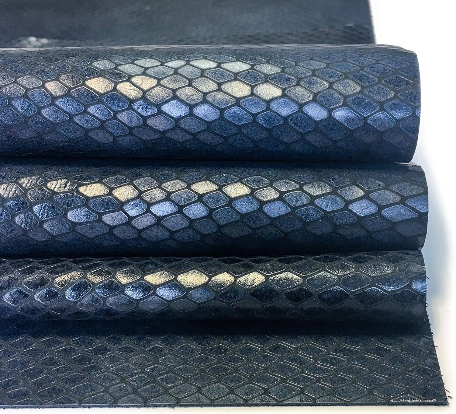 Real Genuine Blue Calf Hide Leather: Thick Leather Cow Hide Dark Blue Snake Leather Sheets for Crafting and Cricut Maker Supplies (Dark Blue Snake, 6x6In/ 15x15cm)
