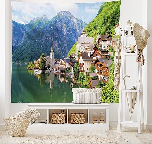 Miniatura 2 de Ambesonne Tapiz de naturaleza tamaño King, idílico Alpes pueblo pequeño por Majestic Mountain Lake Paisaje pastoral europeo, colcha colgante de