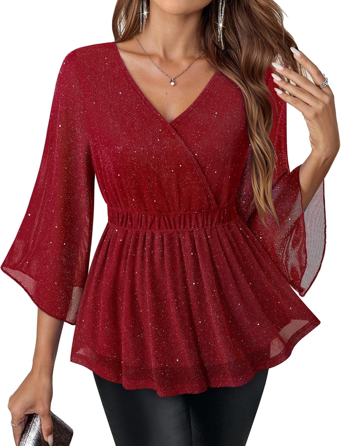 Gaharu Women's Formal Dressy Tops 3/4 Sleeve Double Layers Mesh Tunic Shirts Evening Party Blouse