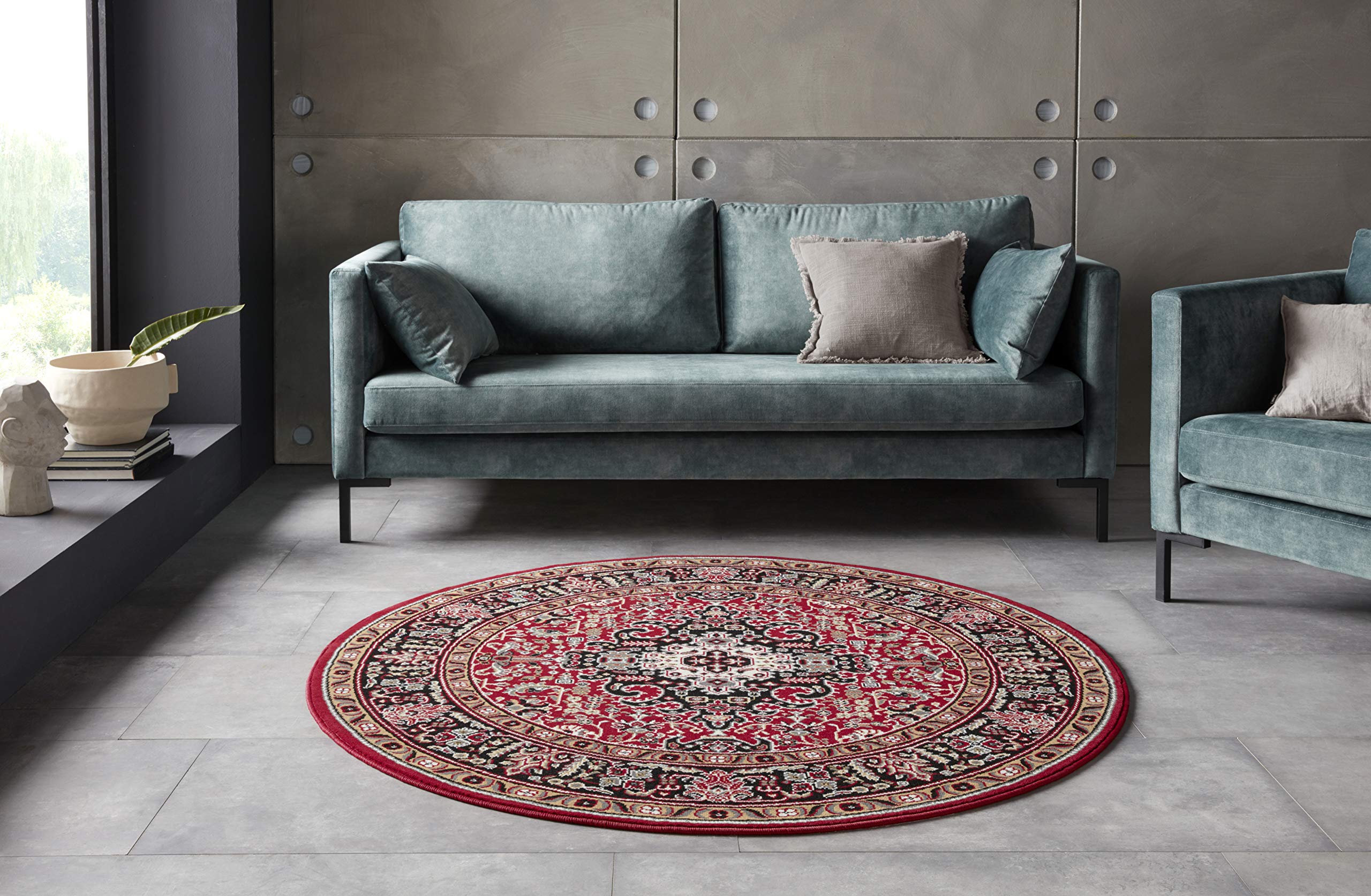 The Rugs Unisex Red Design Oriental Skazar Isfahan Rug - Vintage Borde Low Pile Carpet In | Size: 160Cm Diameter