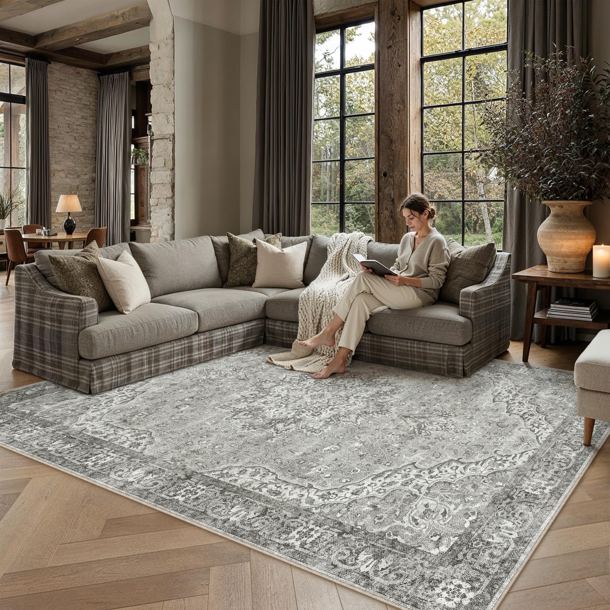 PureCozy Vintage Rugs Living Room Washable 140x200cm Grey Rug for Bedroom