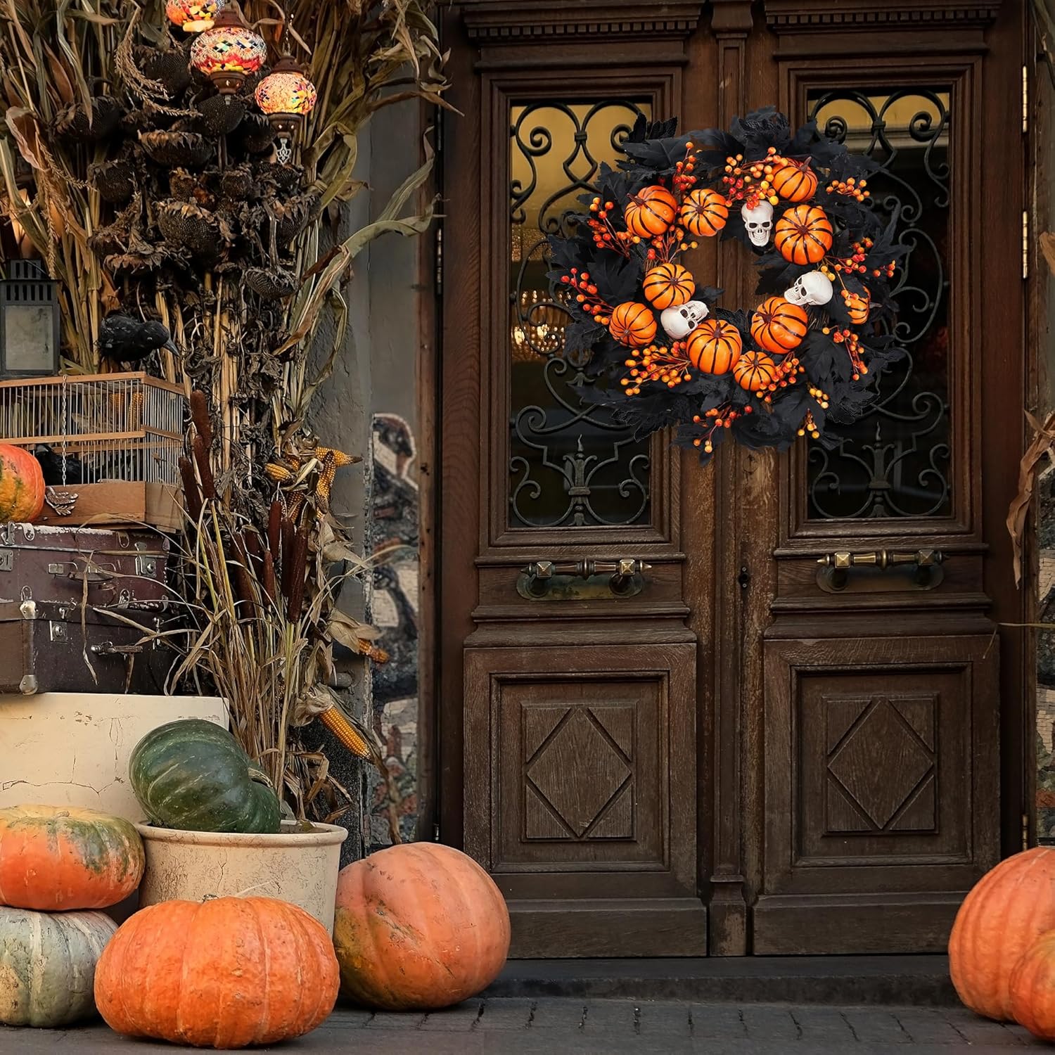 Sggvecsy Halloween Wreath with Artificial Pumpkin Handmade Black Maple Leave Skull Pumpkin Orange Berries 20''Front Door Decorations for Indoor Outdoor Home Halloween Festival Decoration