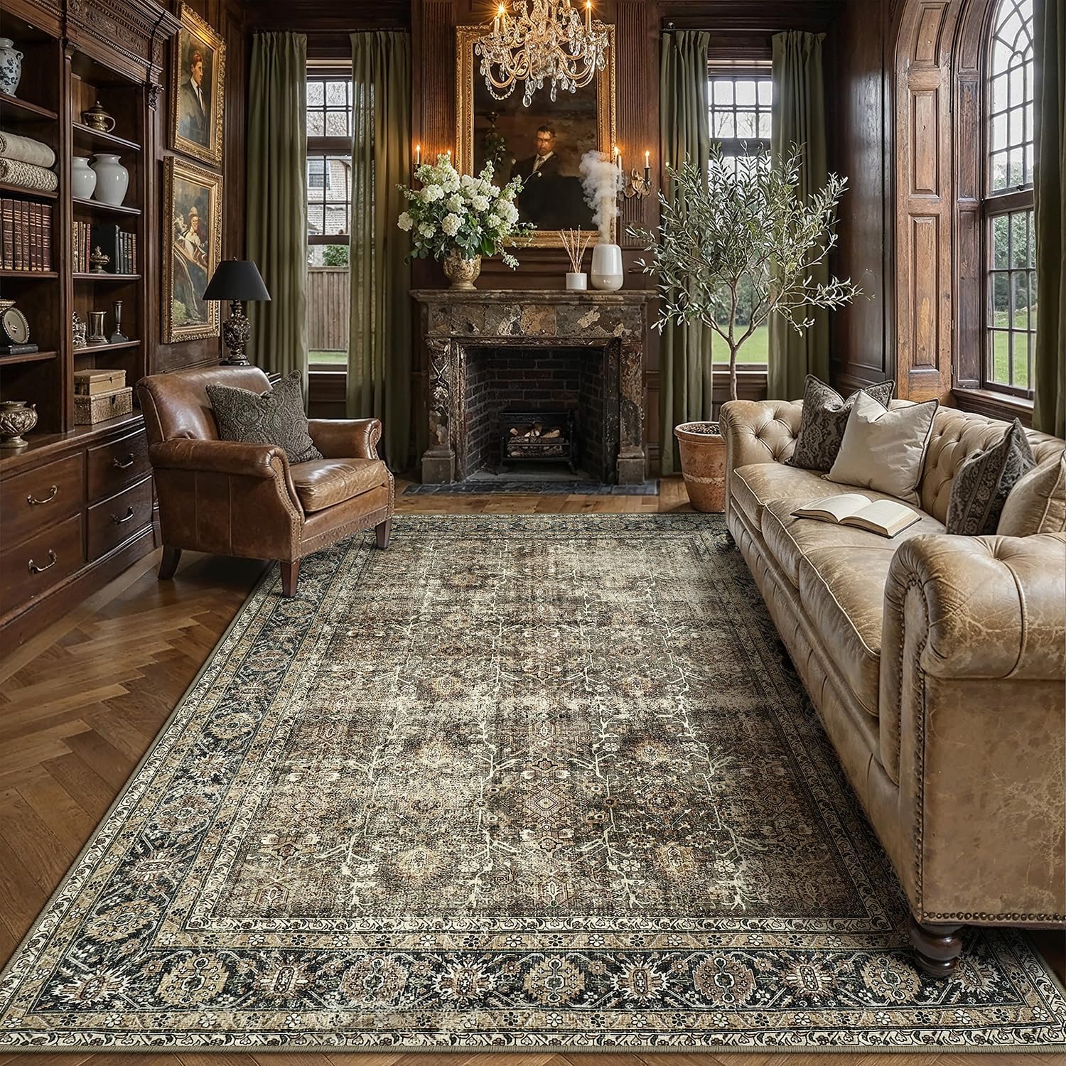 PureCozy 9x12 Washable Area Rug Brown Non Slip Soft Vintage Low Pile Carpet