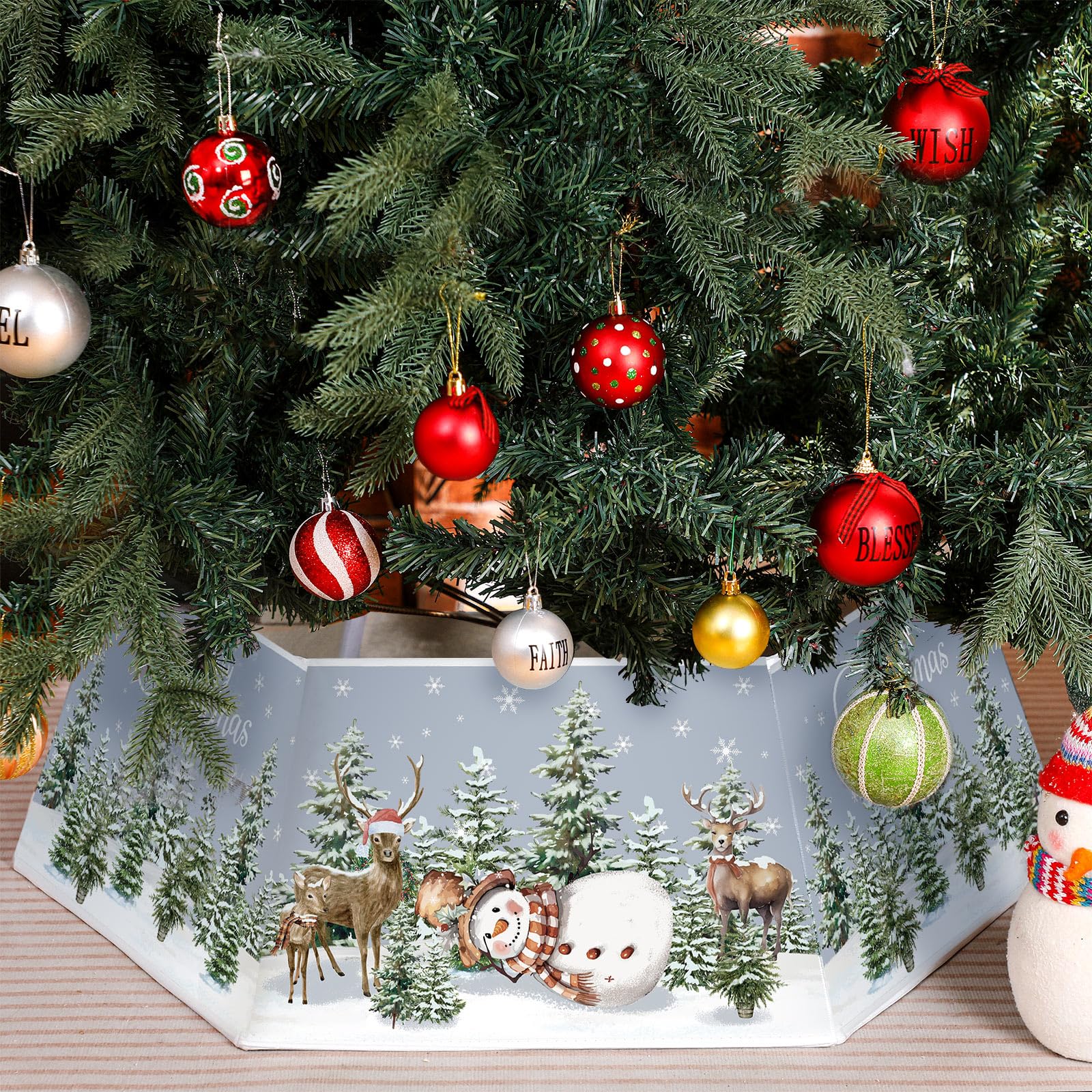 Realspring Christmas Tree Collar Elk Snowman Winter Tree Skirt Christmas Tree Stand Base Cover Christmas Tree Mat Box for Christmas Xmas Tree Decorations Winter Holiday Party 31.4 Inch