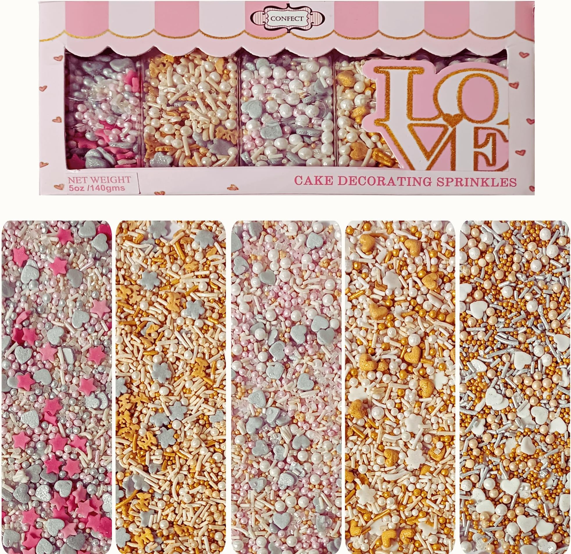 Confect Gold, Silver and White Pearl Sprinkles, Sprinkles for Baking & Cake Decorative, Heart Sprinkles, Cookie Sprinkles, Butterfly Sprinkles, Edible Sprinkles Mix Pack of 5-100gms