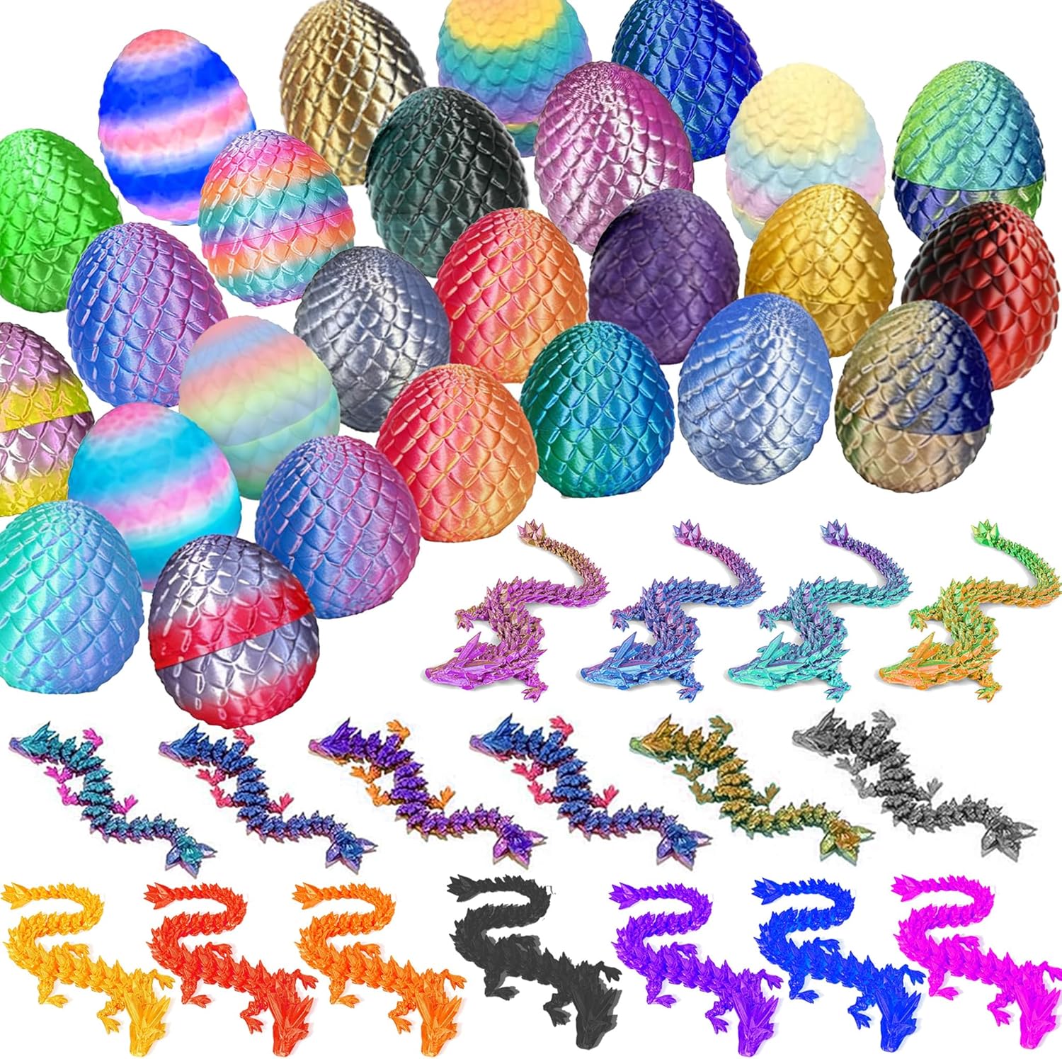 16 Pcs 3D Printed Dragon Eggs with Dragon Inside Articulated Crystal Dragon Toy Mystery Dragon Egg Prefilled with 3D Printed Animals Easter Basket Stuffers Fidget Toys for Kids Boys Girls Party Favors