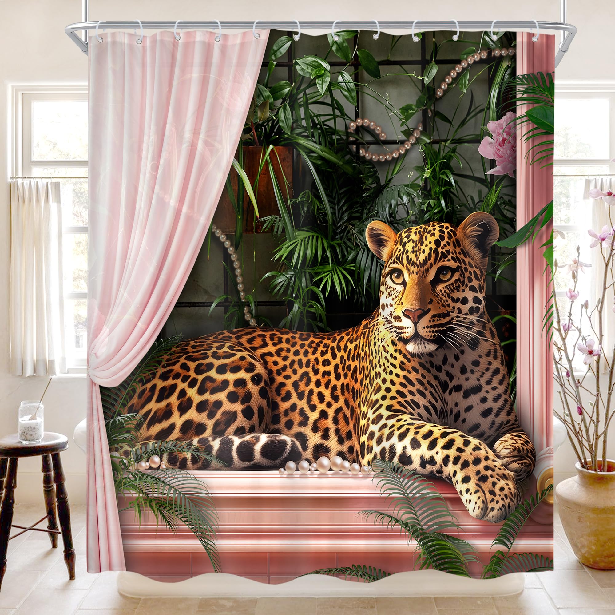Cinbloo Pink Leopard Shower Curtain 72Wx72H Cheetah Wildlife Vintage Jungle Animal Pearl Bathroom Curtain Set Tropical Bath Curtain Cloth Fabric