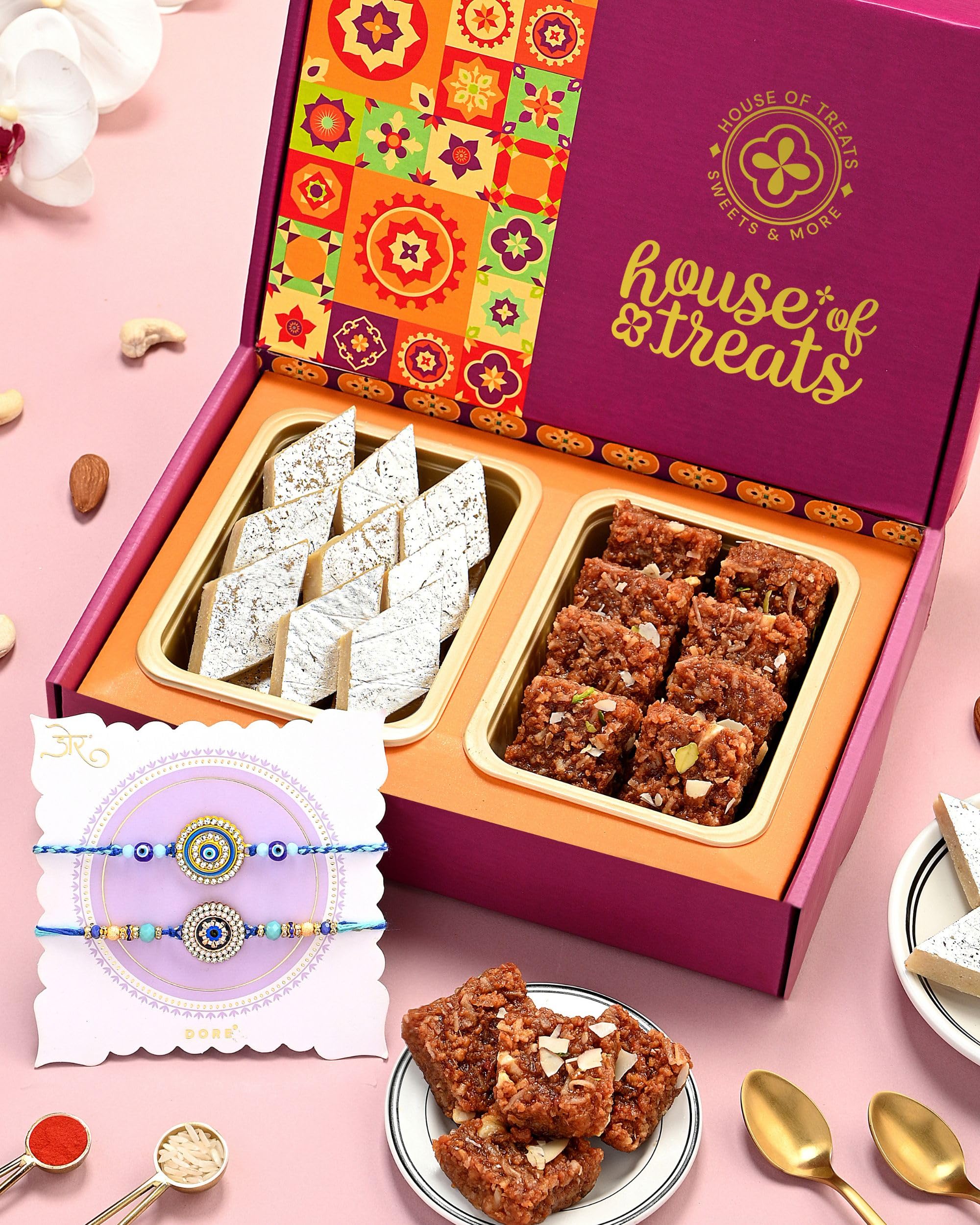 Rakhi For Brother Sweets Dodha Barfi Kaju Katli 200g each Sweets Gift Pack Gift Set For Brother Set of 2 Sapphire Gaze Rakhi Set with Roli & Rice