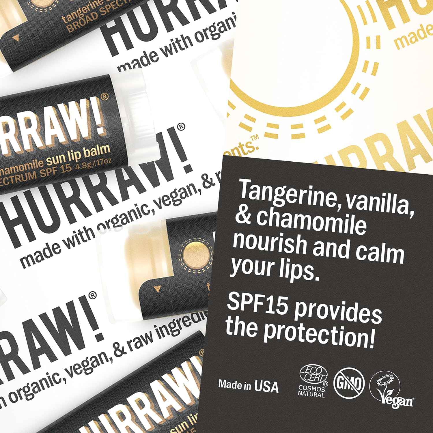 Hurraw! Sun Lip Balm (Zinc Oxide Protection, Broad Spectrum SPF 15, Tangerine, Chamomile), 5 Pack: Organic, Certified Vegan, Gluten Free. Non-GMO, All-Natural. Bee, Shea, Soy & Palm Free. Made in USA