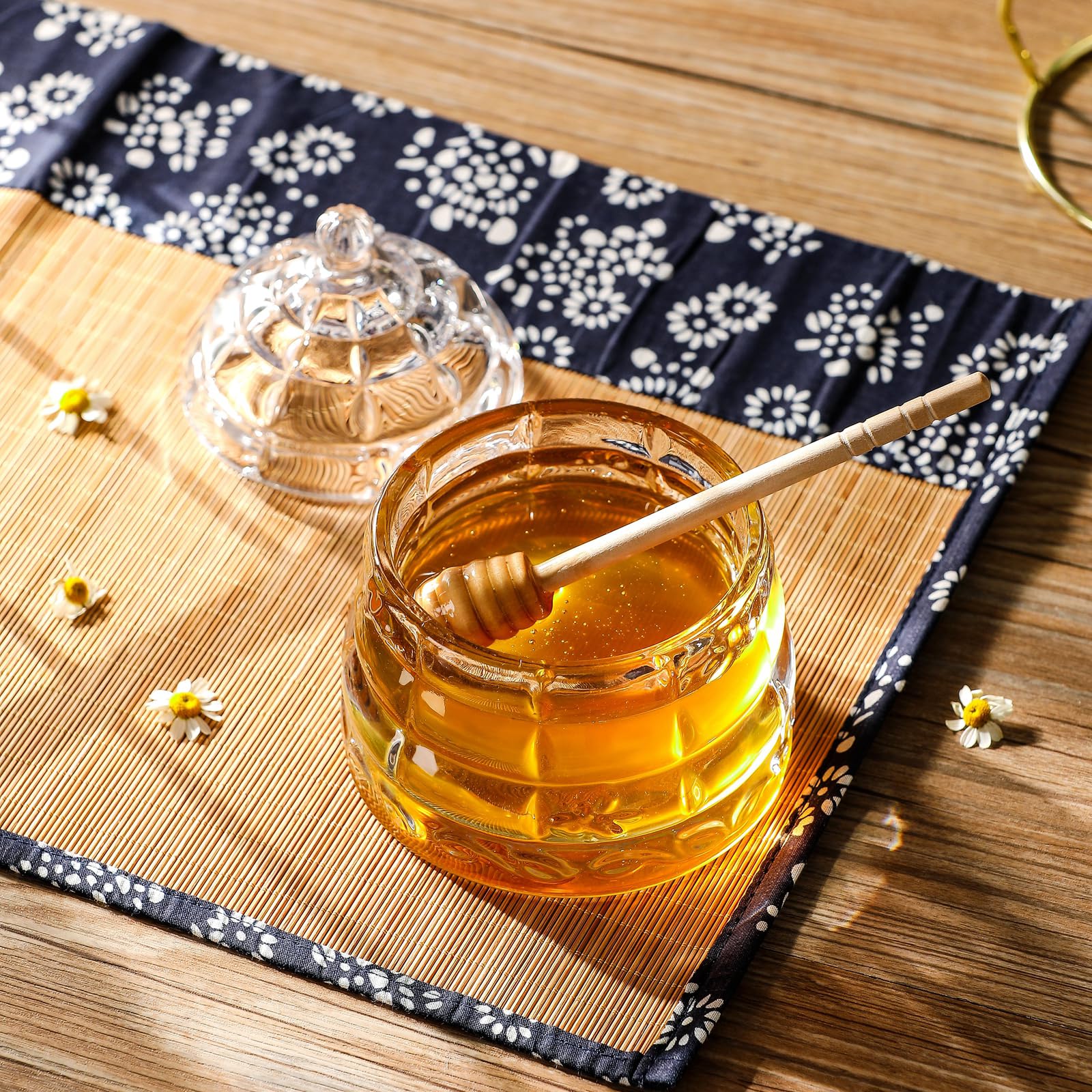 GMFINE Glass Honey Jar with Wood Dipper Stick, Beehive Honey Pot Containers with Dipper and Lid Set for Storing Honey and Syrup, 10 oz, Clear