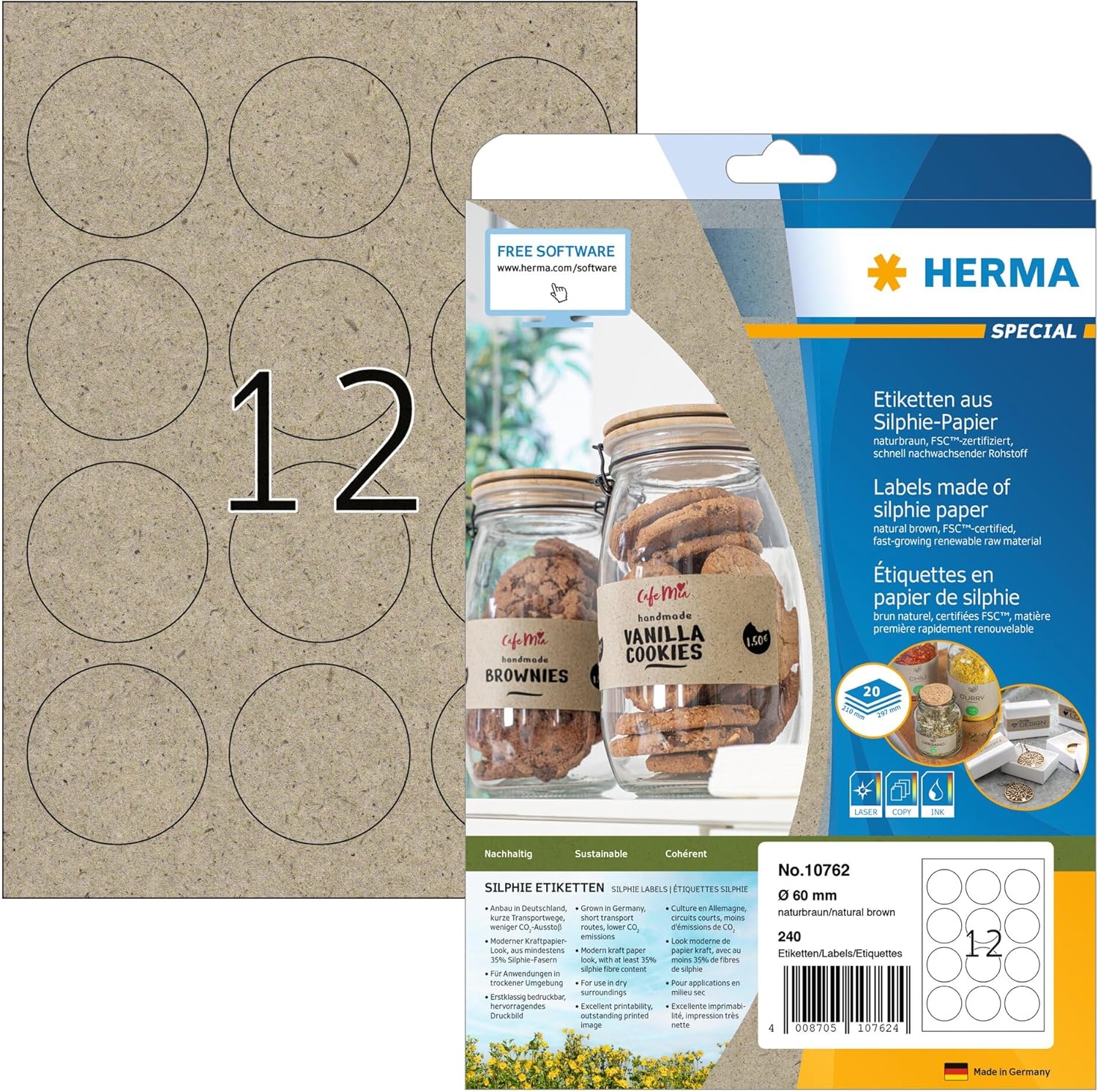 HERMA Self Adhesive Multipurpose Round Labels, 12 Labels per A4 Sheet, 20 Sheets, Ø 60 mm, 240 Labels, Blank Universal Stickers, Sticky Silphie Dots for Laser & Inkjet Printer, Natural Brown