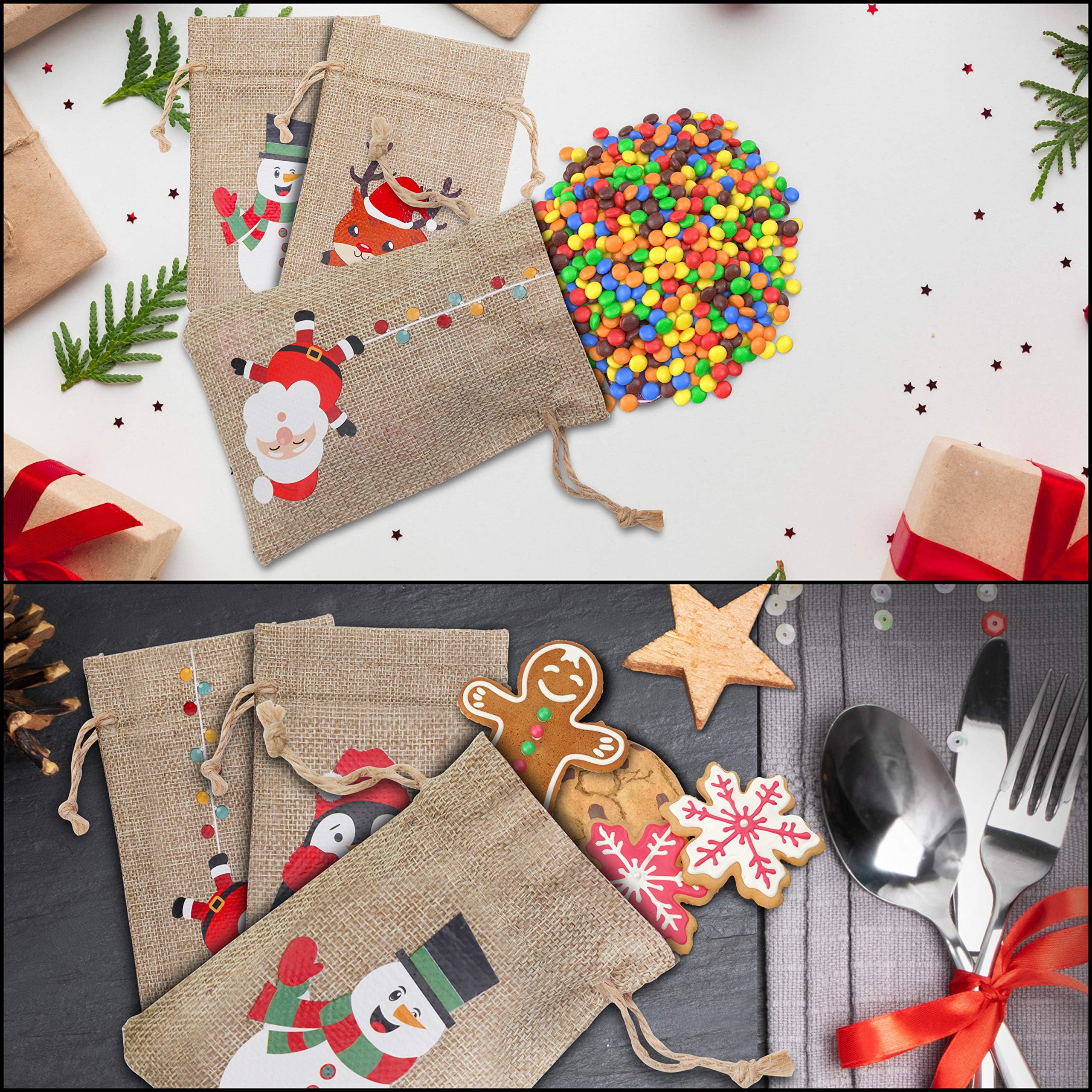 12 Sacchetti Regalo Natalizi In Lino Con Coulisse | Motivi Babbo Natale, Pupazzo Neve, Albero | 10x14cm Per Caramelle E Piccoli Regali