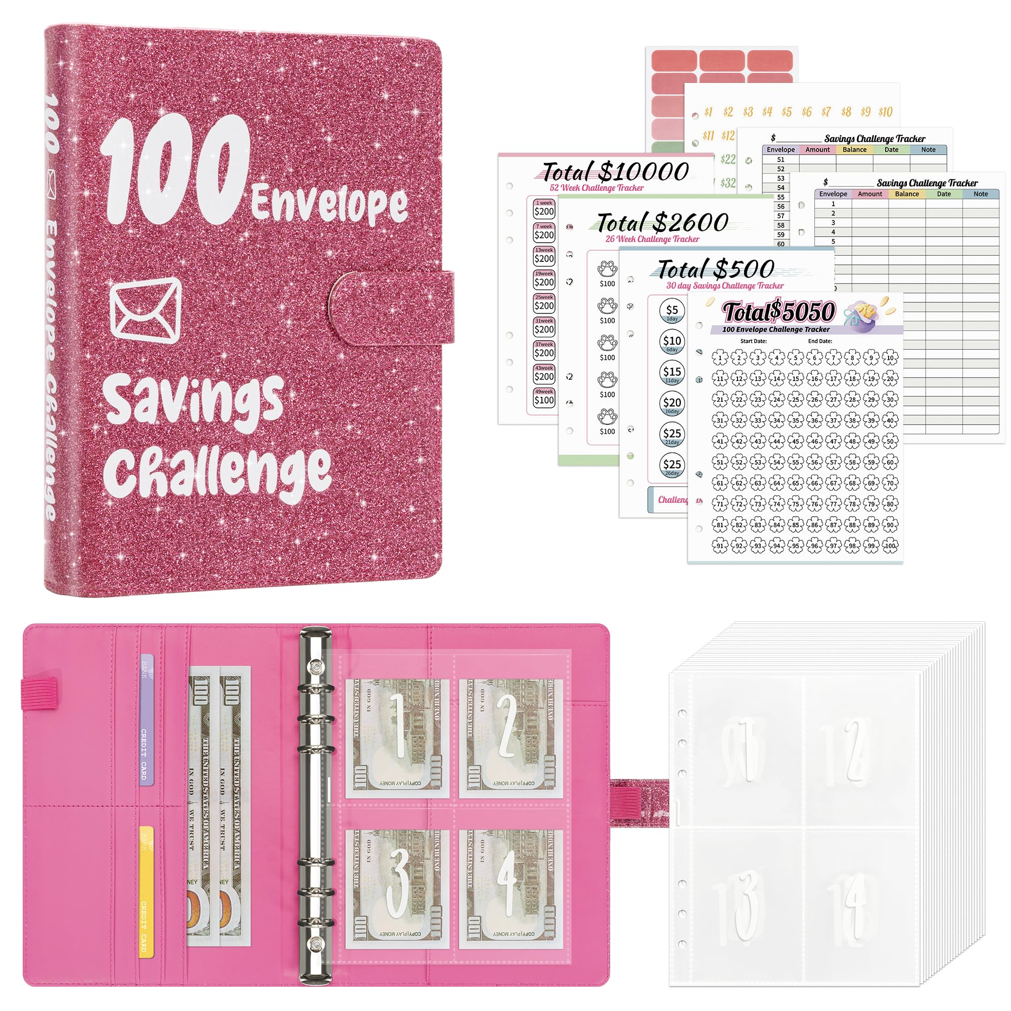 Ospelelf 100 Envelopes Money Saving Challenge Book 52 Week Budget Binder with Cash Envelopes to Save $10,000, Glitter Pink