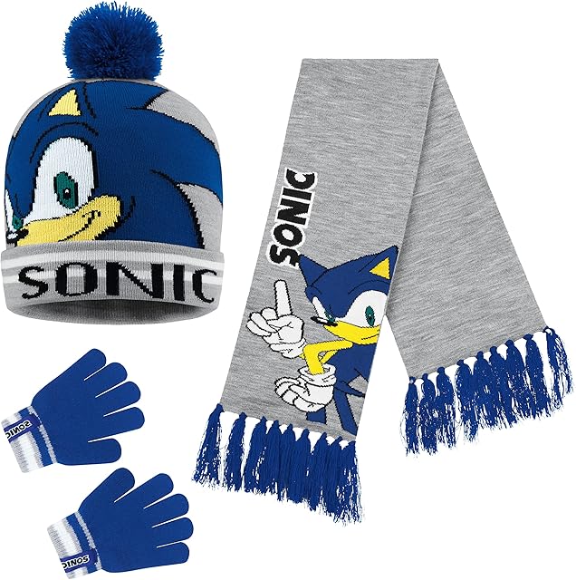 Sonic The Hedgehog Beanie Hat Scarf and Gloves Set for Boys