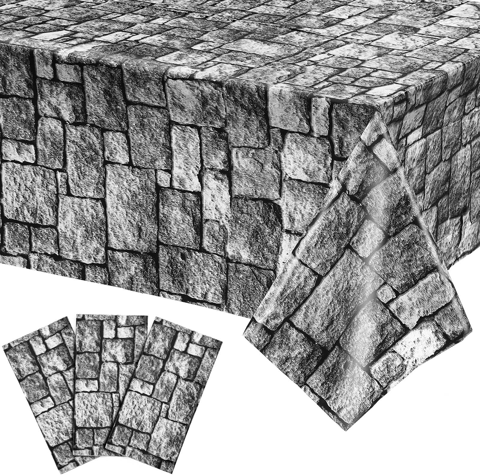 Irenare Halloween Stone Wall Tablecloths, Medieval Castle Party Decorations Supplies Disposable Plastic Brick Stone Tablecloth Brick Wall Table Covers for Birthday Party Favors(3 Pack)
