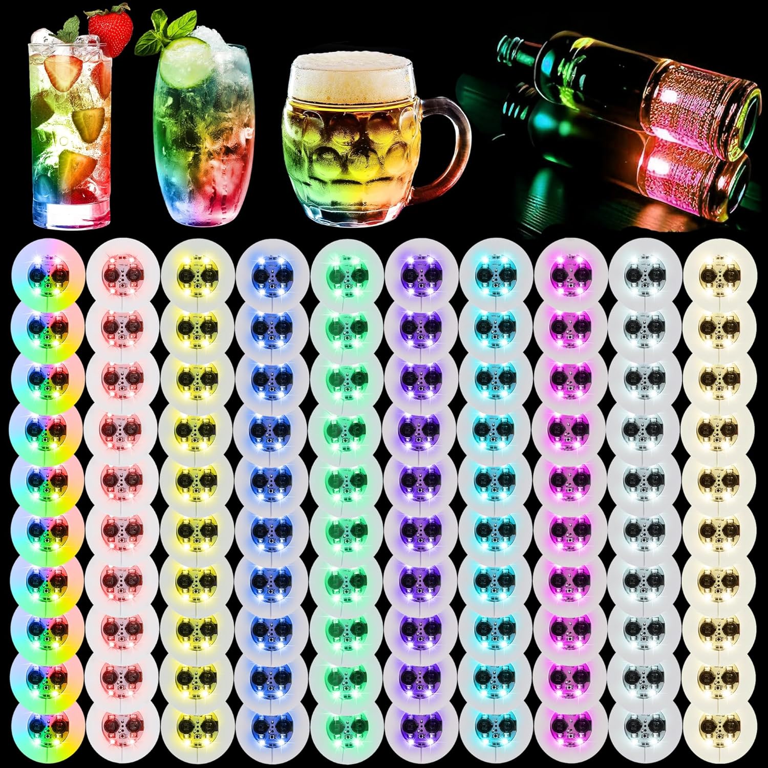 LED Coaster, 100 Pack Light Up Coasters for Drinks,10 Colors Led Bar Coaster LED Sticker Drink Lights,LED Bottle Lights for Liquor Bottles, Club,Party, Wedding,Bar Decor