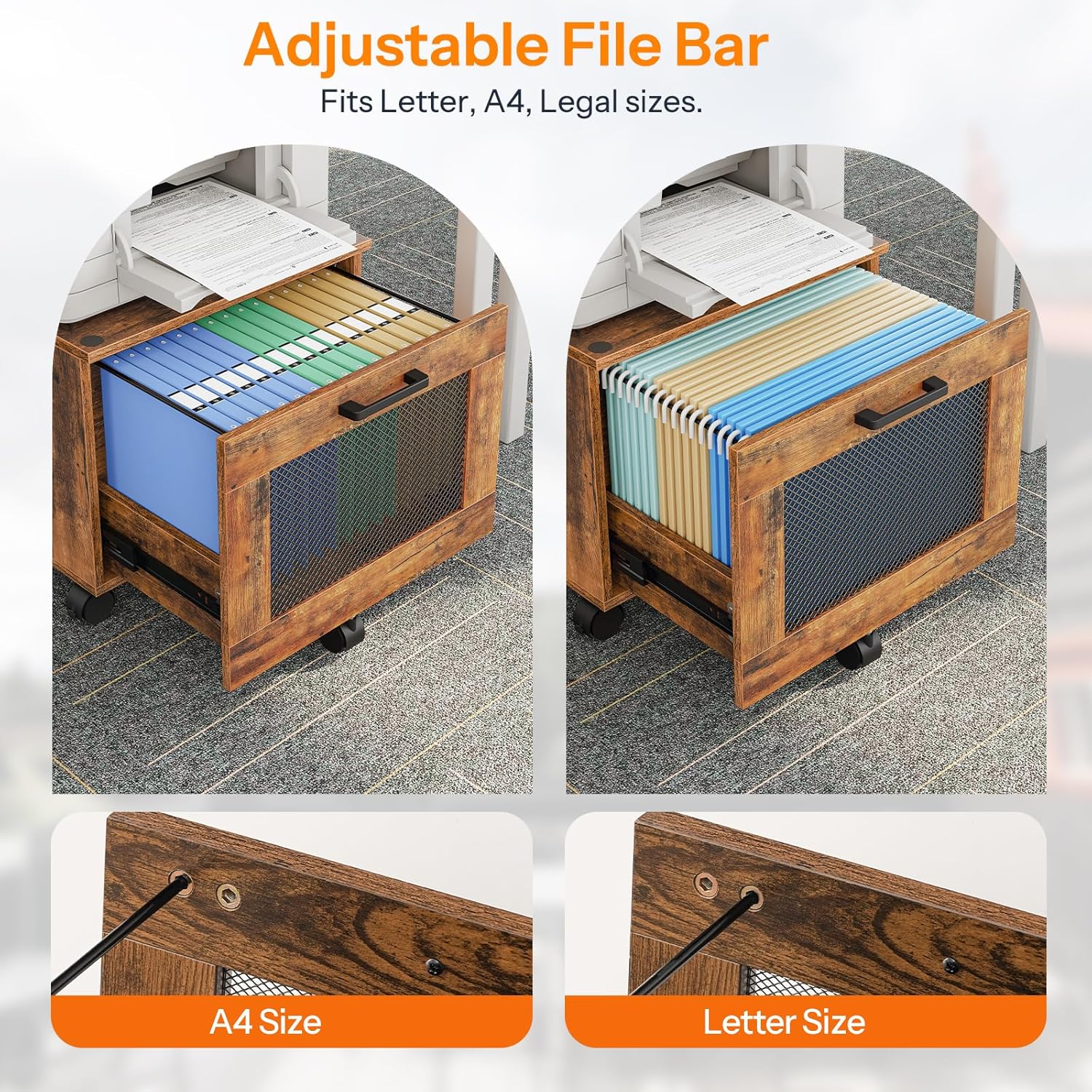 HOOBRO File Cabinet, Rolling File Cart, Under Desk Small Filing Cabinet, File Organizer Box, Home Office File Basket with Drawer for A4, Letter Files, Rustic Brown and Black BF11WJ01G1 - Image 6