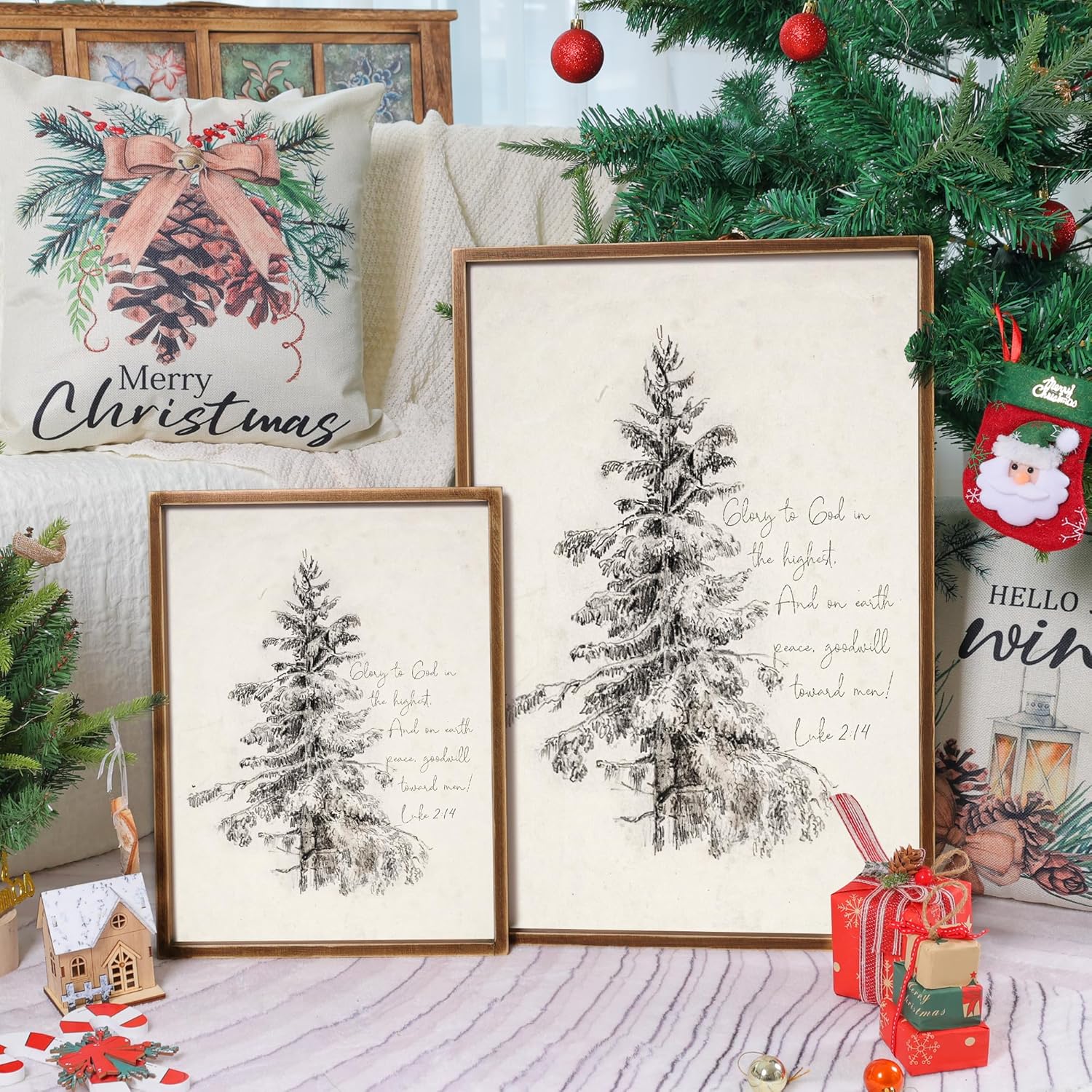 Ronasip Vintage Framed Christian Wall Art - Sketch Pine Trees Biblical Painting With Scripture 'Glory To God In The Highest' -Rustic Wall Sign, Winter Scene Wall Art Decor, Home Decor (16"x24", Brown)