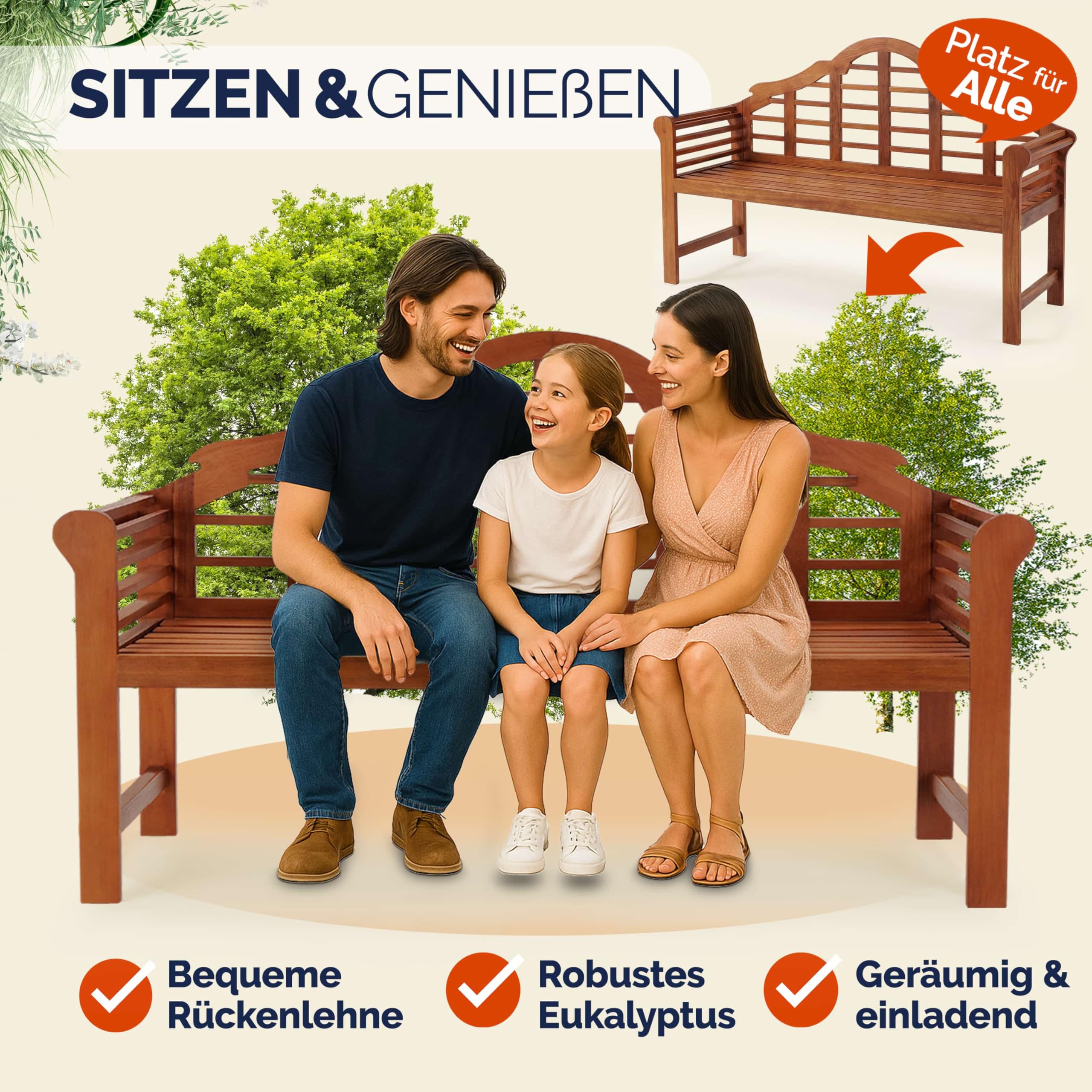 Casaria® Gartenbank Wetterfest Holz FSC®-Zertifiziert 240kg Belastbar 2-Sitzer Armlehne Rückenlehne 135x56cm Garten Balkon Holzbank Eukalyptus Braun