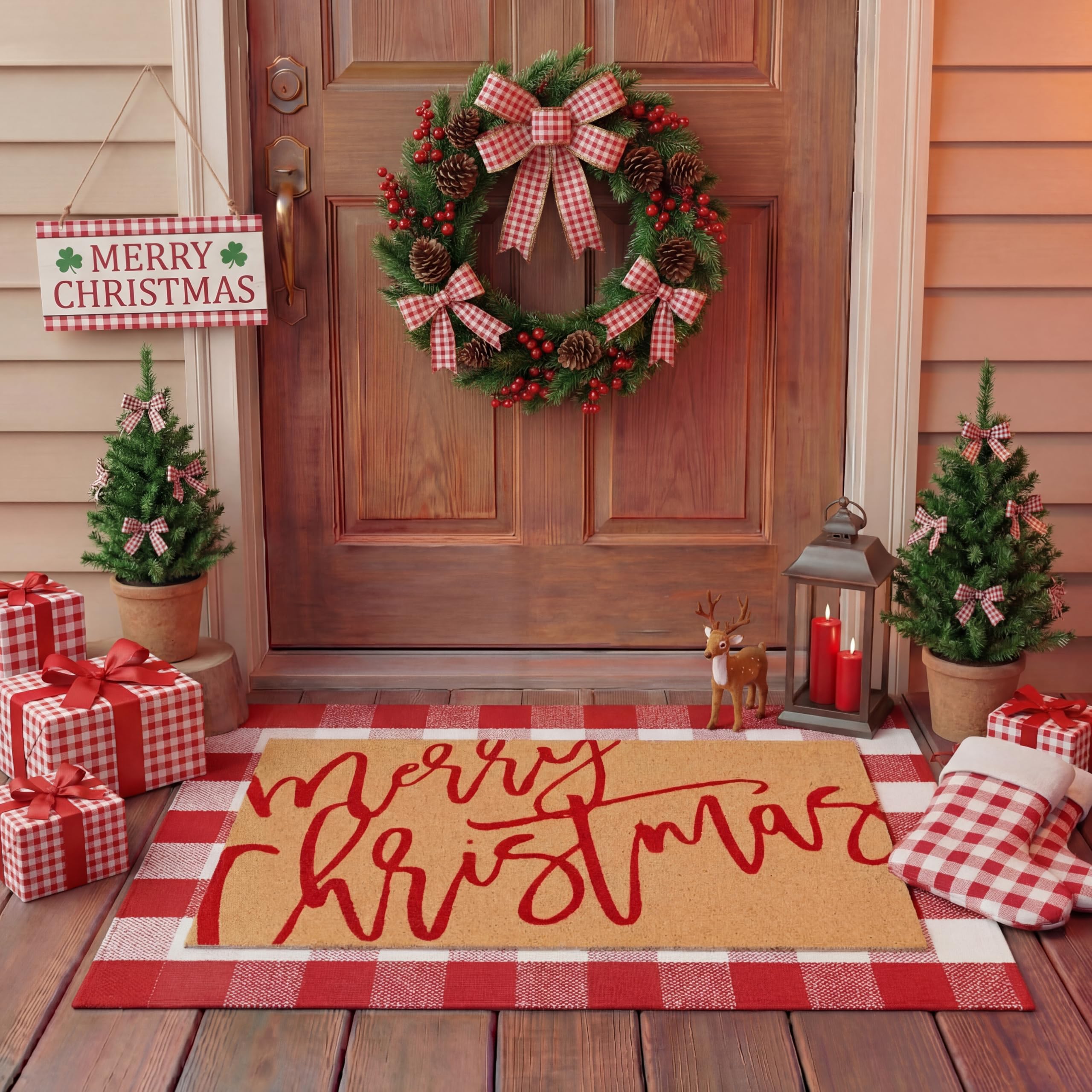 Tinideya 2 Pcs Door Mat Welcome Non Slip Coir Mats Floor Layering Doormats Seasonal for Front Porch Entryway Decor (23.6 x 35.4 Inches, Red White