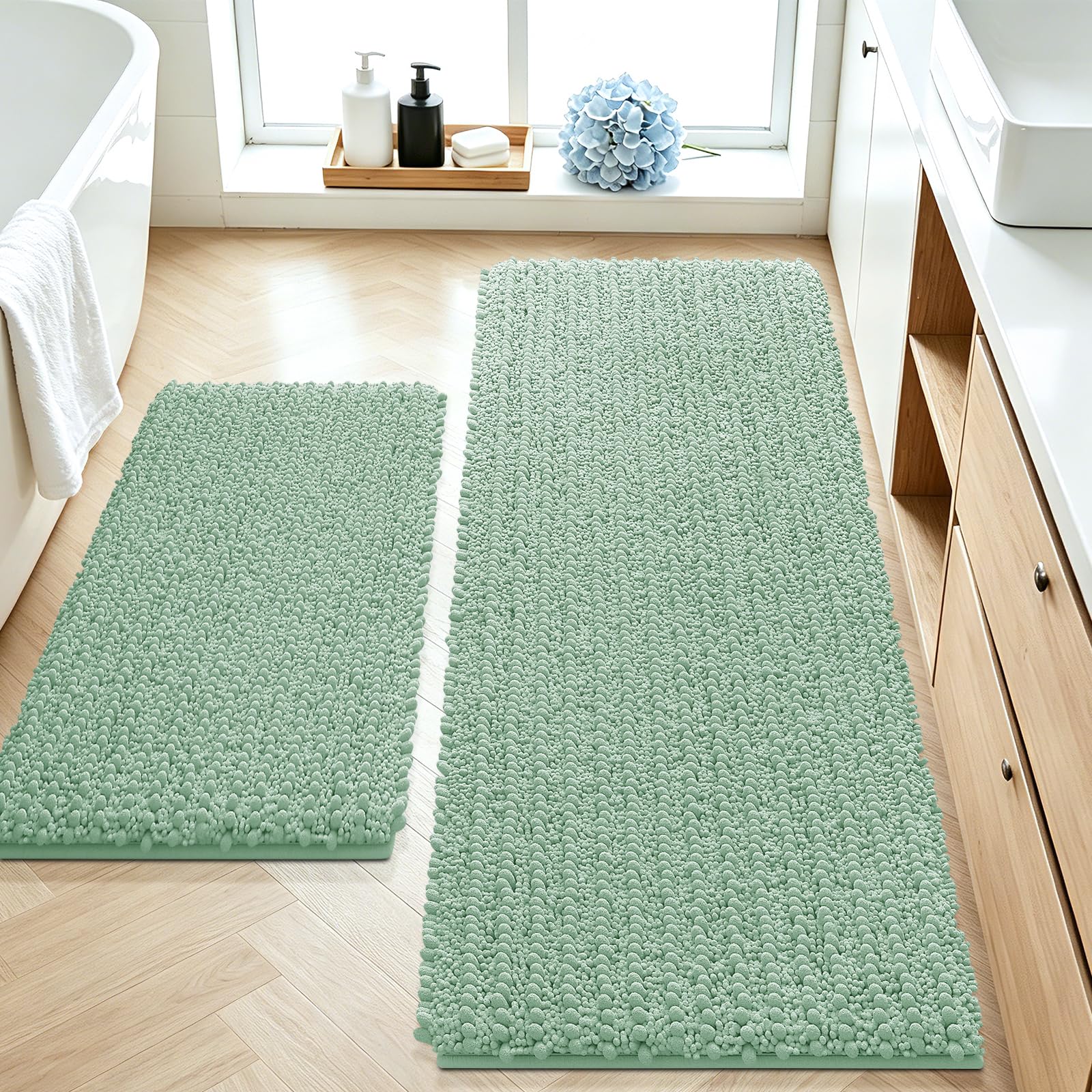 ACCUMTEK Upgrade Luxury 2 Piece Sage Green Toilet Bathroom Rug Mat 48"x20"+24"x17", Ultra Soft Thick Absorbent Bath Mats, Non Slip Chenille Toilet Mat for Bathroom, Bedroom, Kitchen, Shower, Tub