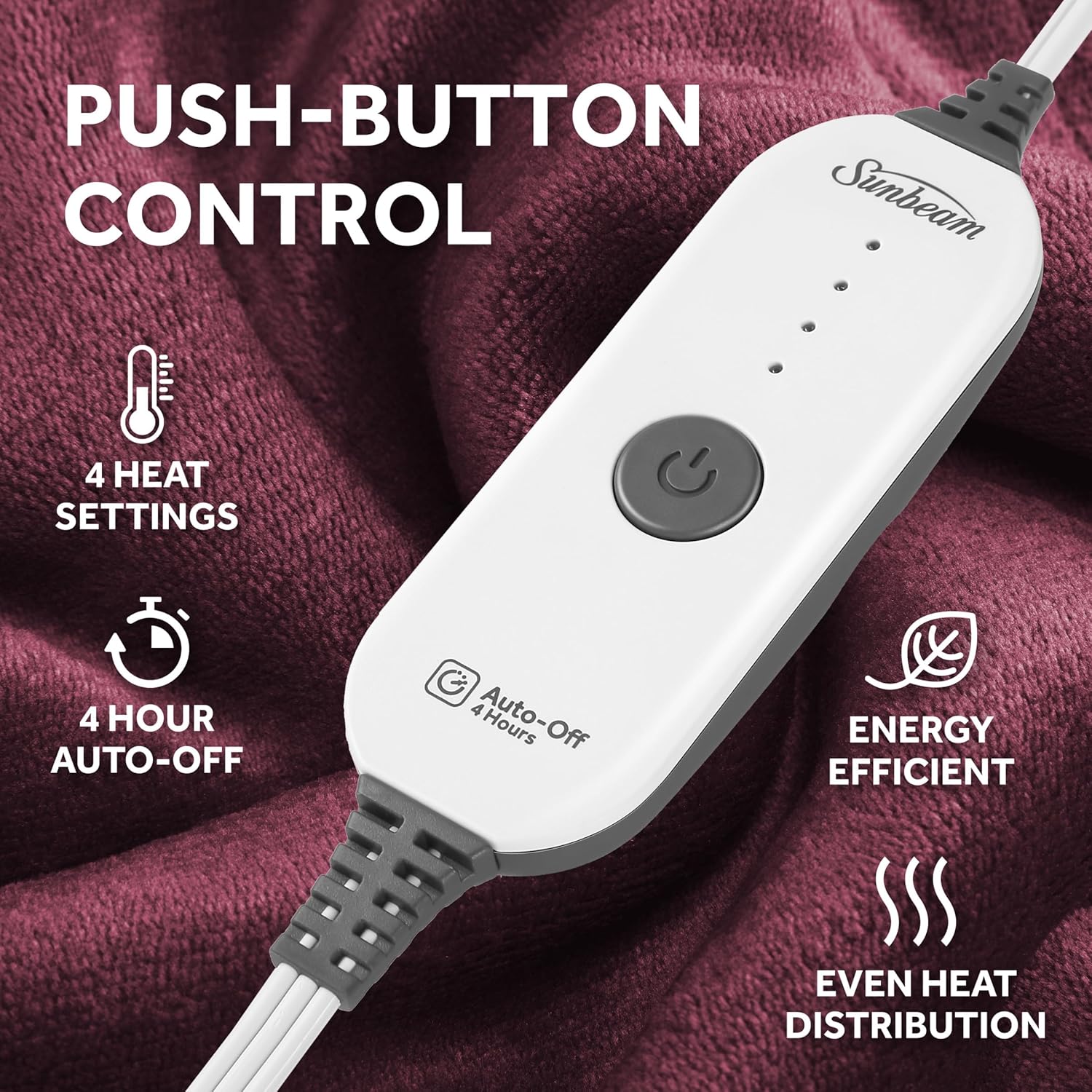 Sunbeam Electric Throw Royal Mink Sherpa Heated Blanket, 4 Heat Settings, 4-Hour Auto Shut-Off, Fast Heating, Luxurious and Ultra Comfy, Cabernet Color, 50" x 60" - Image 3